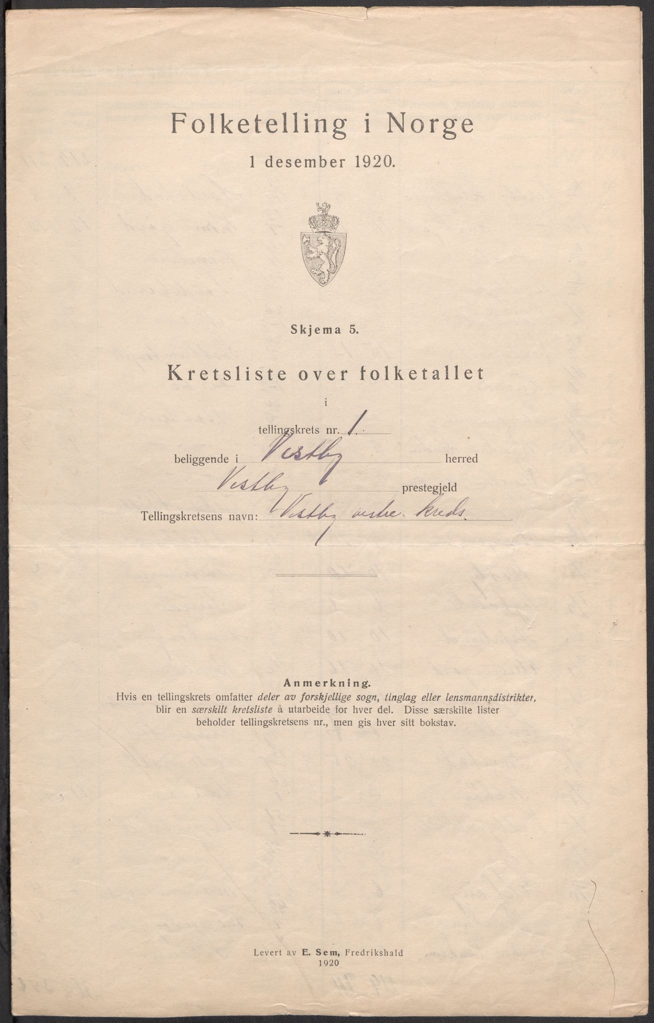 SAO, 1920 census for Vestby, 1920, p. 13
