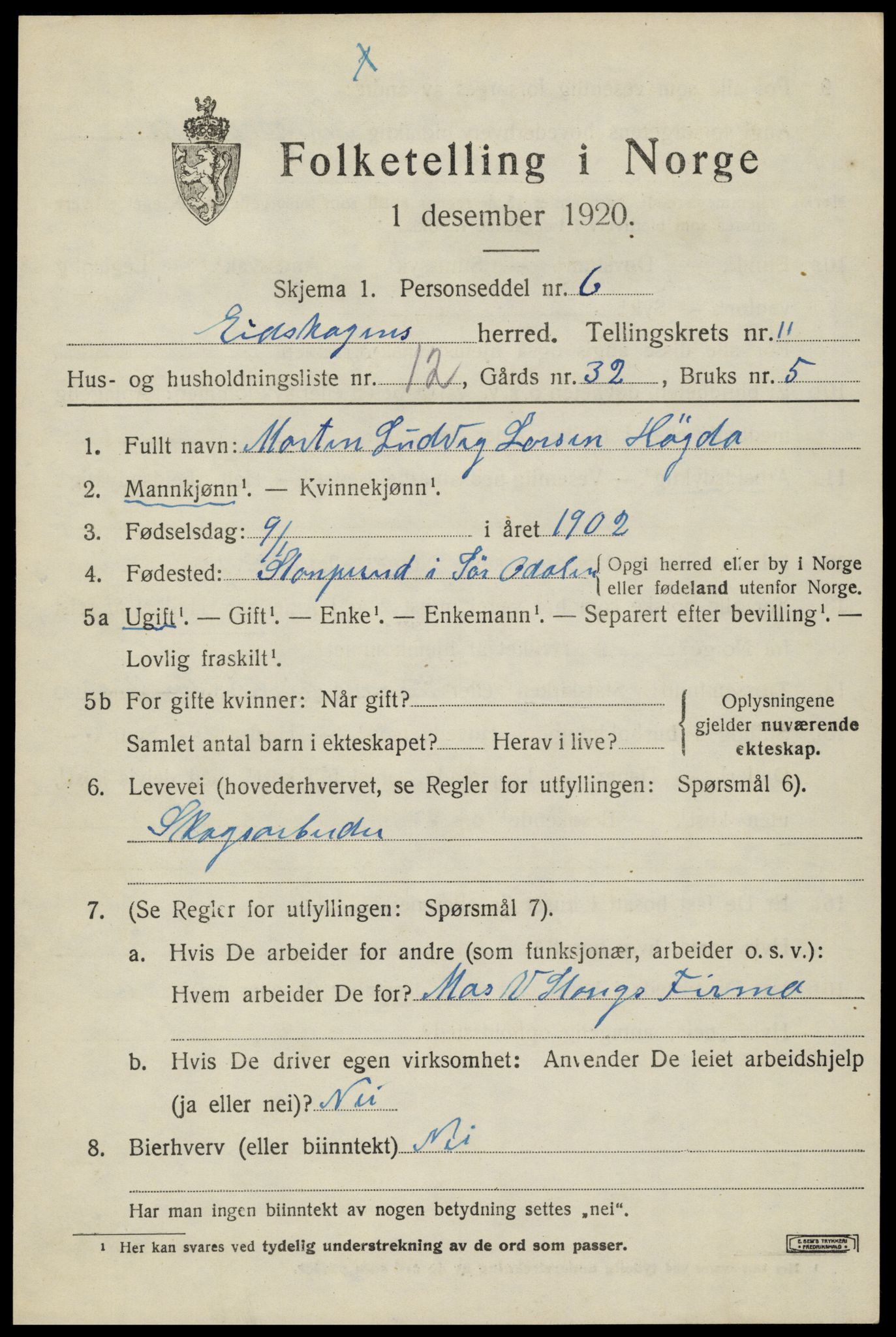 SAH, 1920 census for Eidskog, 1920, p. 11729