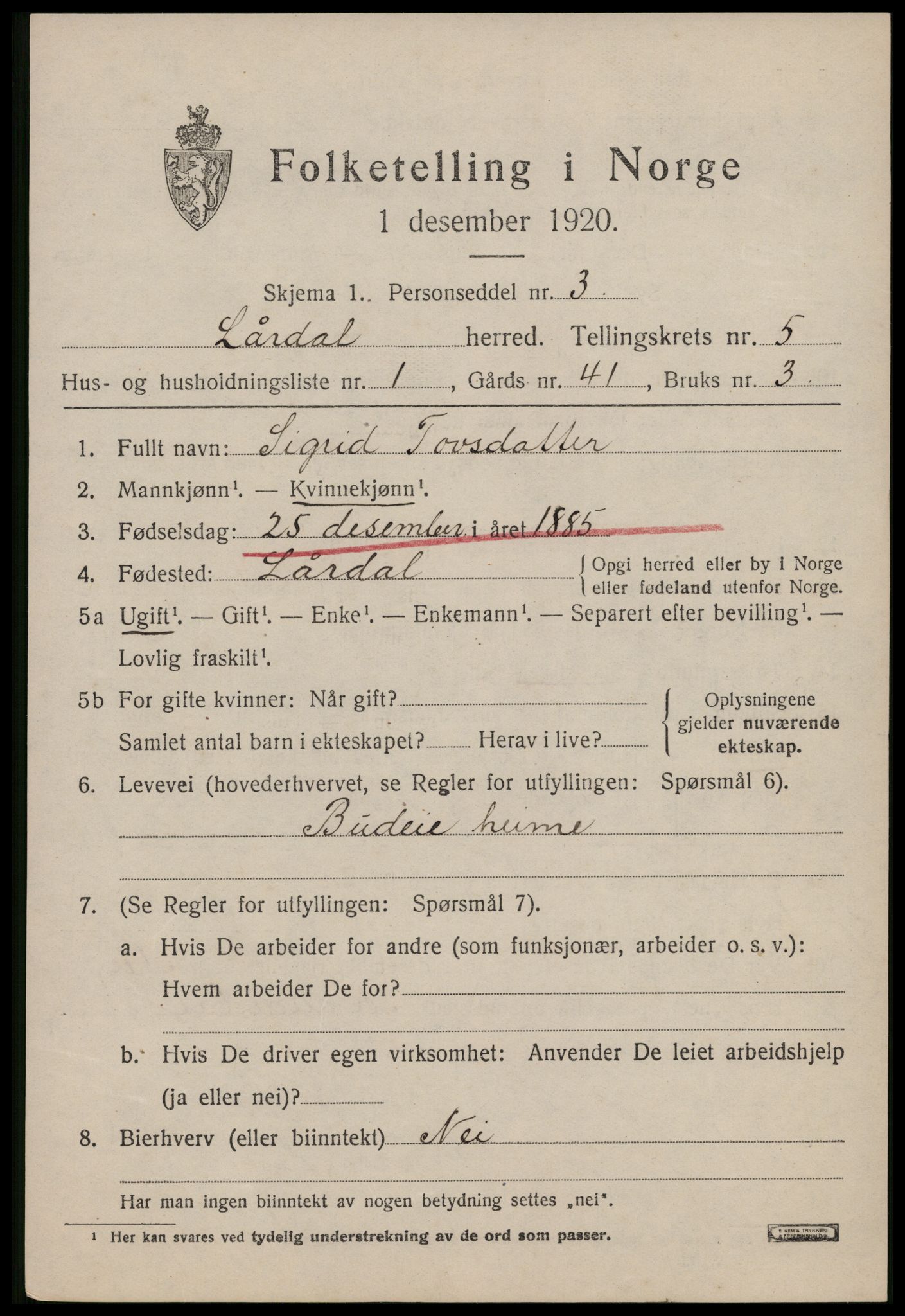 SAKO, 1920 census for Lårdal, 1920, p. 2405