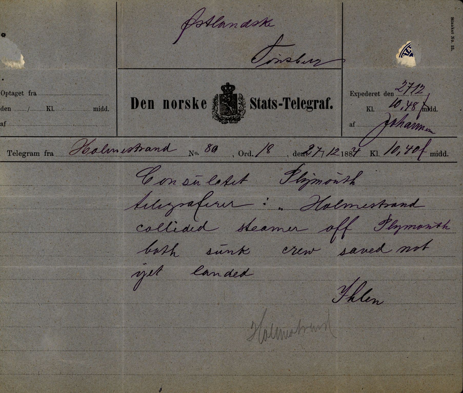 Pa 63 - Østlandske skibsassuranceforening, VEMU/A-1079/G/Ga/L0017/0013: Havaridokumenter / Diaz, Holmestrand, Kalliope, Olaf Trygvason, Norafjeld, 1884, p. 25