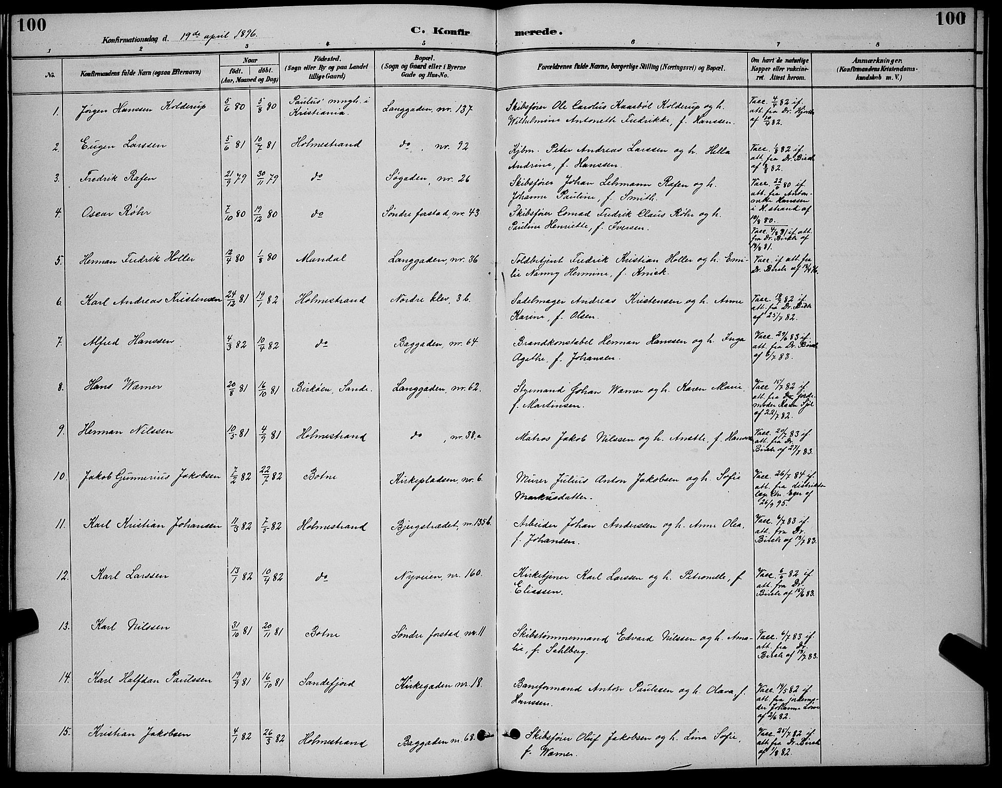 Holmestrand kirkebøker, AV/SAKO-A-346/G/Ga/L0005: Parish register (copy) no. 5, 1889-1901, p. 100