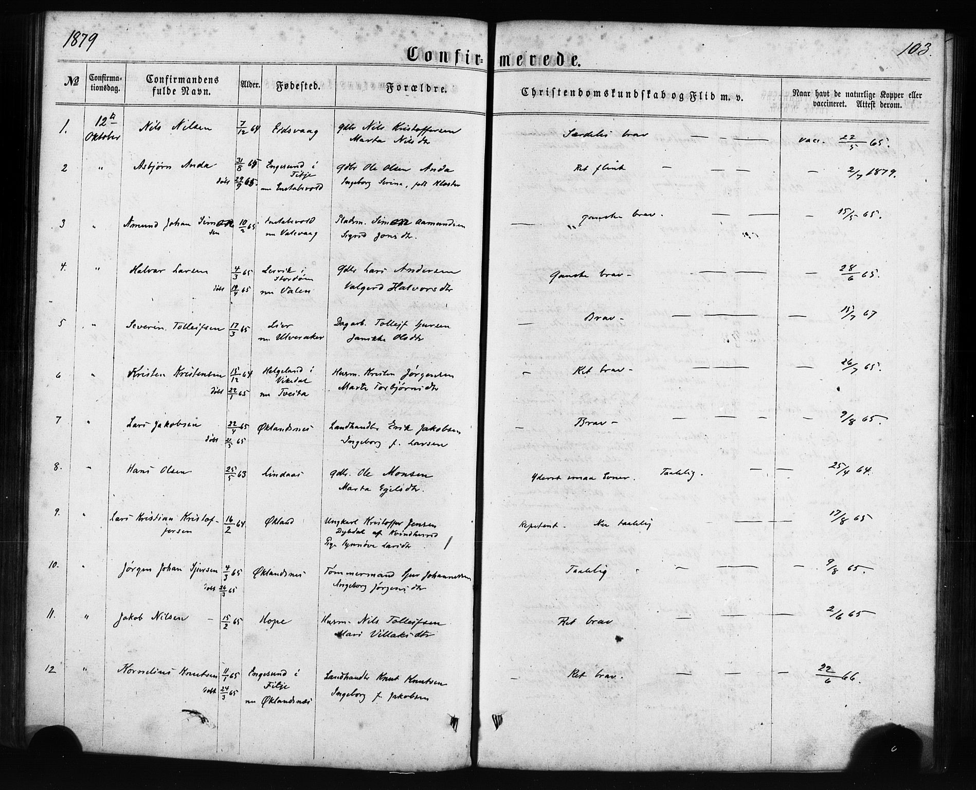 Sveio Sokneprestembete, SAB/A-78501/H/Haa: Parish register (official) no. C 1, 1862-1880, p. 103