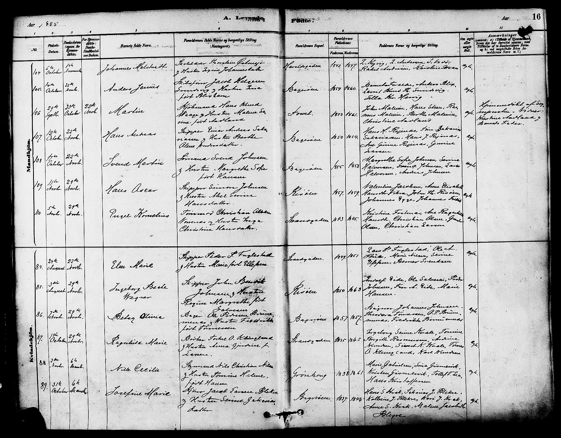 Haugesund sokneprestkontor, AV/SAST-A -101863/H/Ha/Haa/L0003: Parish register (official) no. A 3, 1885-1890, p. 16