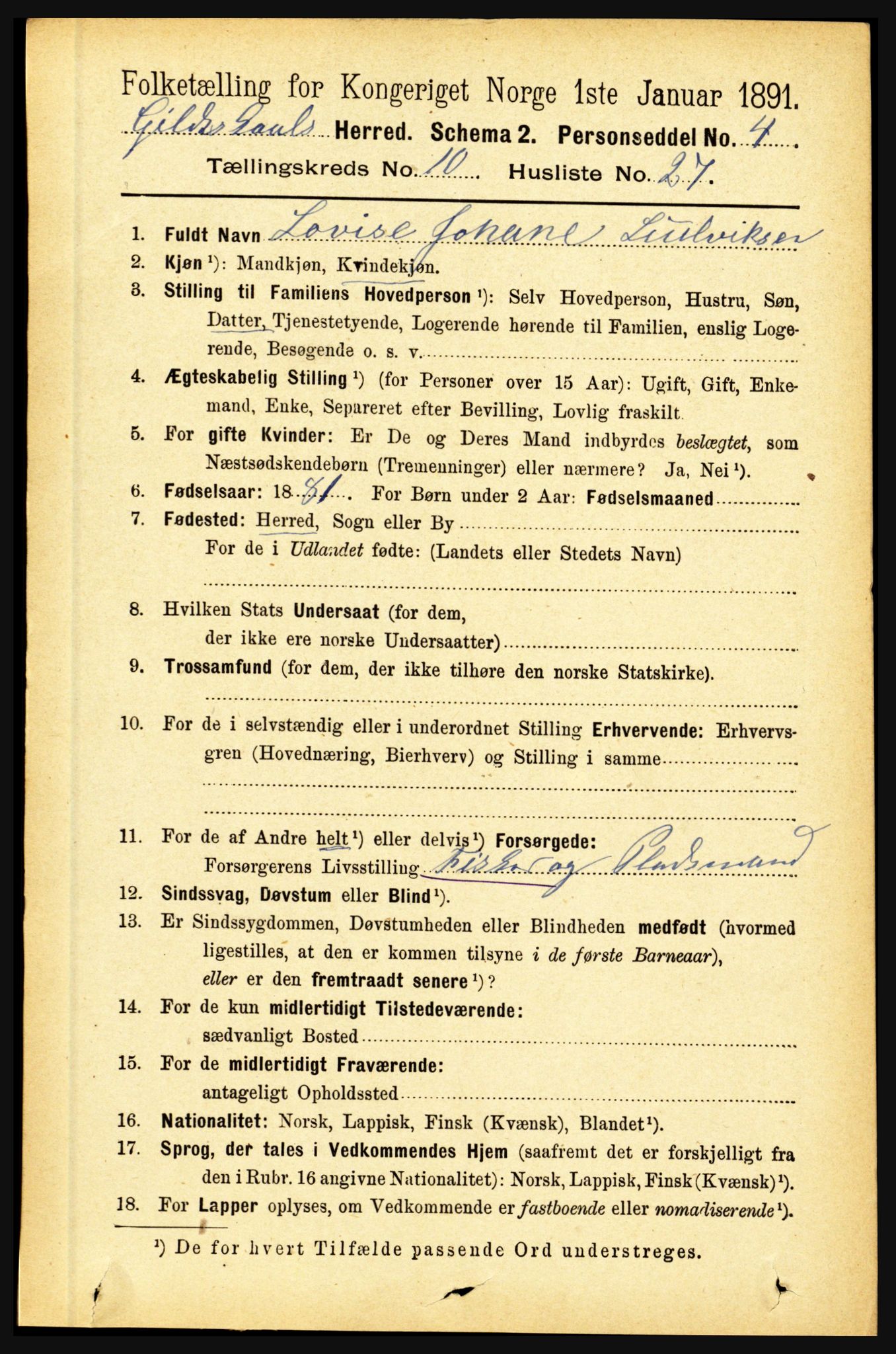 RA, 1891 census for 1838 Gildeskål, 1891, p. 3121