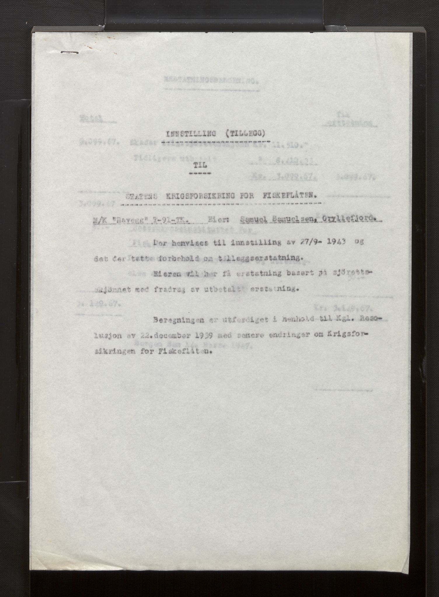 Fiskeridirektoratet - 1 Adm. ledelse - 13 Båtkontoret, AV/SAB-A-2003/La/L0042: Statens krigsforsikring for fiskeflåten, 1936-1971, p. 475