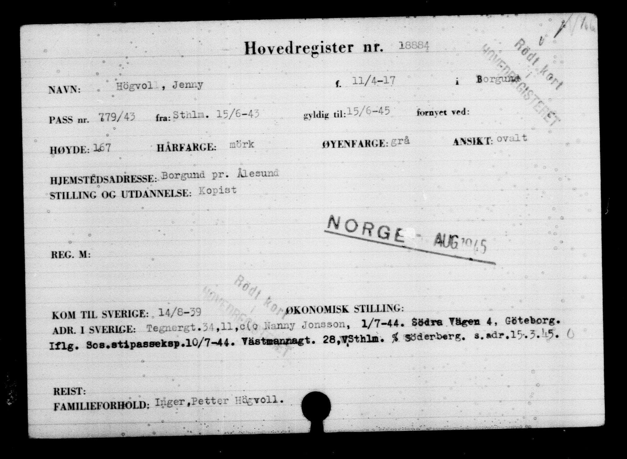 Utenriksstasjonene, Legasjonen i Stockholm, Flyktningkontoret, AV/RA-S-6753/V/Va/L0009: Kjesäterkartoteket, flyktninger med registreringsnr. 18502-22048, 1940-1945, p. 453