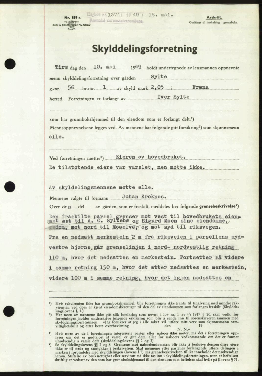 Romsdal sorenskriveri, AV/SAT-A-4149/1/2/2C: Mortgage book no. A29, 1949-1949, Diary no: : 1374/1949