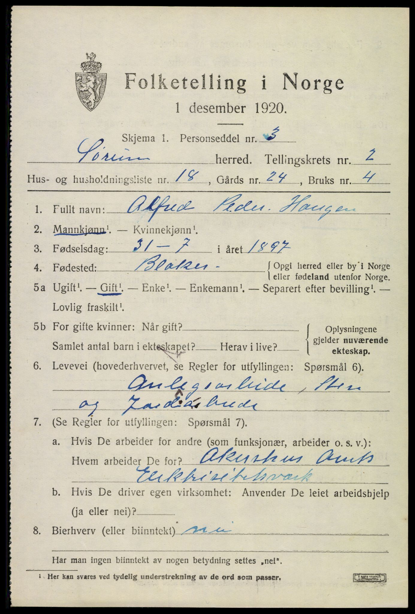 SAO, 1920 census for Sørum, 1920, p. 1897