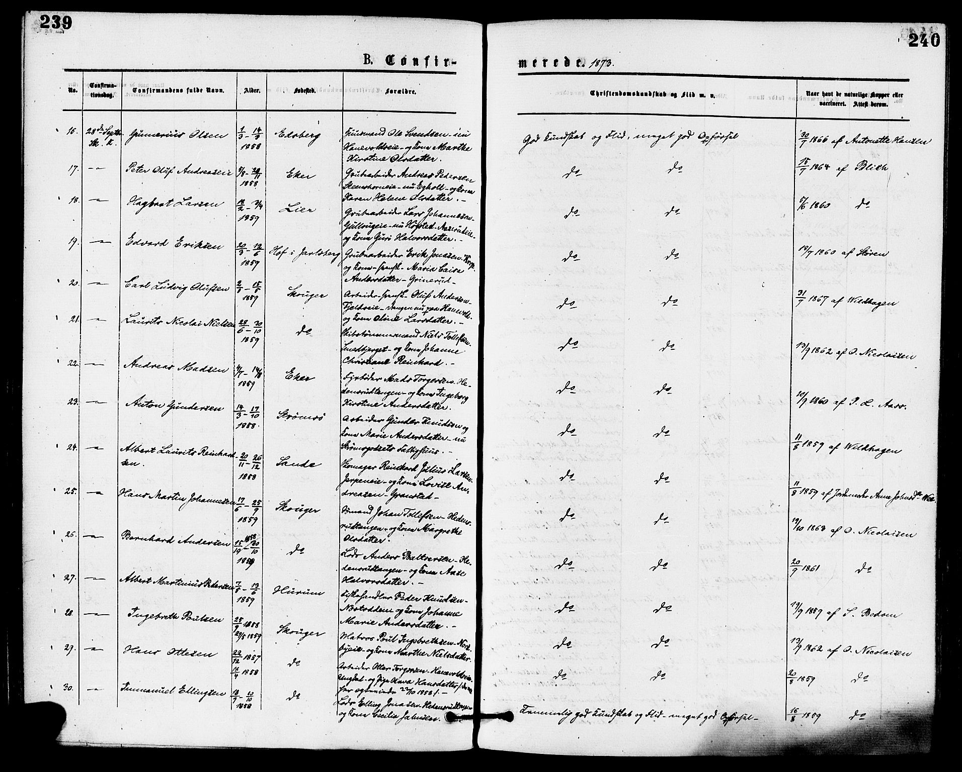 Skoger kirkebøker, AV/SAKO-A-59/F/Fa/L0005: Parish register (official) no. I 5, 1873-1884, p. 239-240