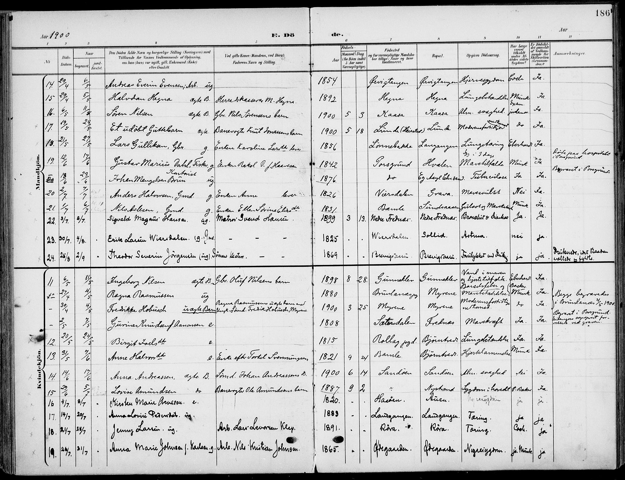 Eidanger kirkebøker, SAKO/A-261/F/Fa/L0013: Parish register (official) no. 13, 1900-1913, p. 186