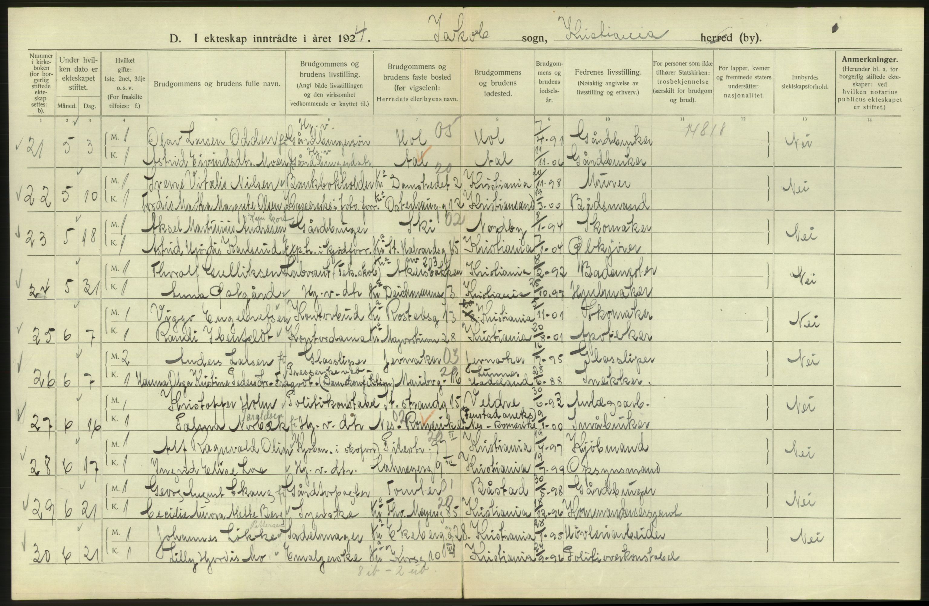 Statistisk sentralbyrå, Sosiodemografiske emner, Befolkning, AV/RA-S-2228/D/Df/Dfc/Dfcd/L0007: Kristiania: Gifte, 1924, p. 332