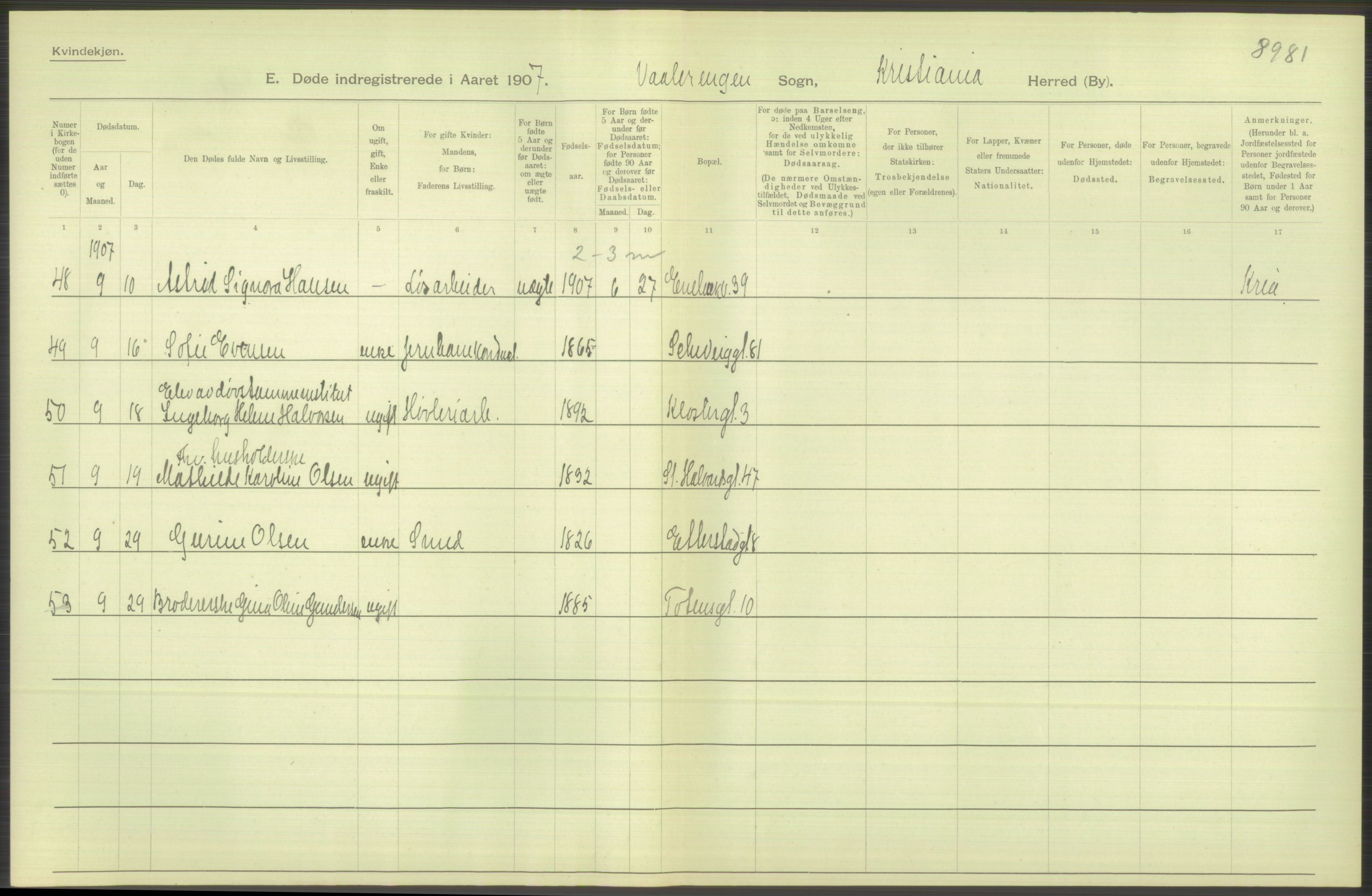 Statistisk sentralbyrå, Sosiodemografiske emner, Befolkning, RA/S-2228/D/Df/Dfa/Dfae/L0009: Kristiania: Døde, 1907, p. 508