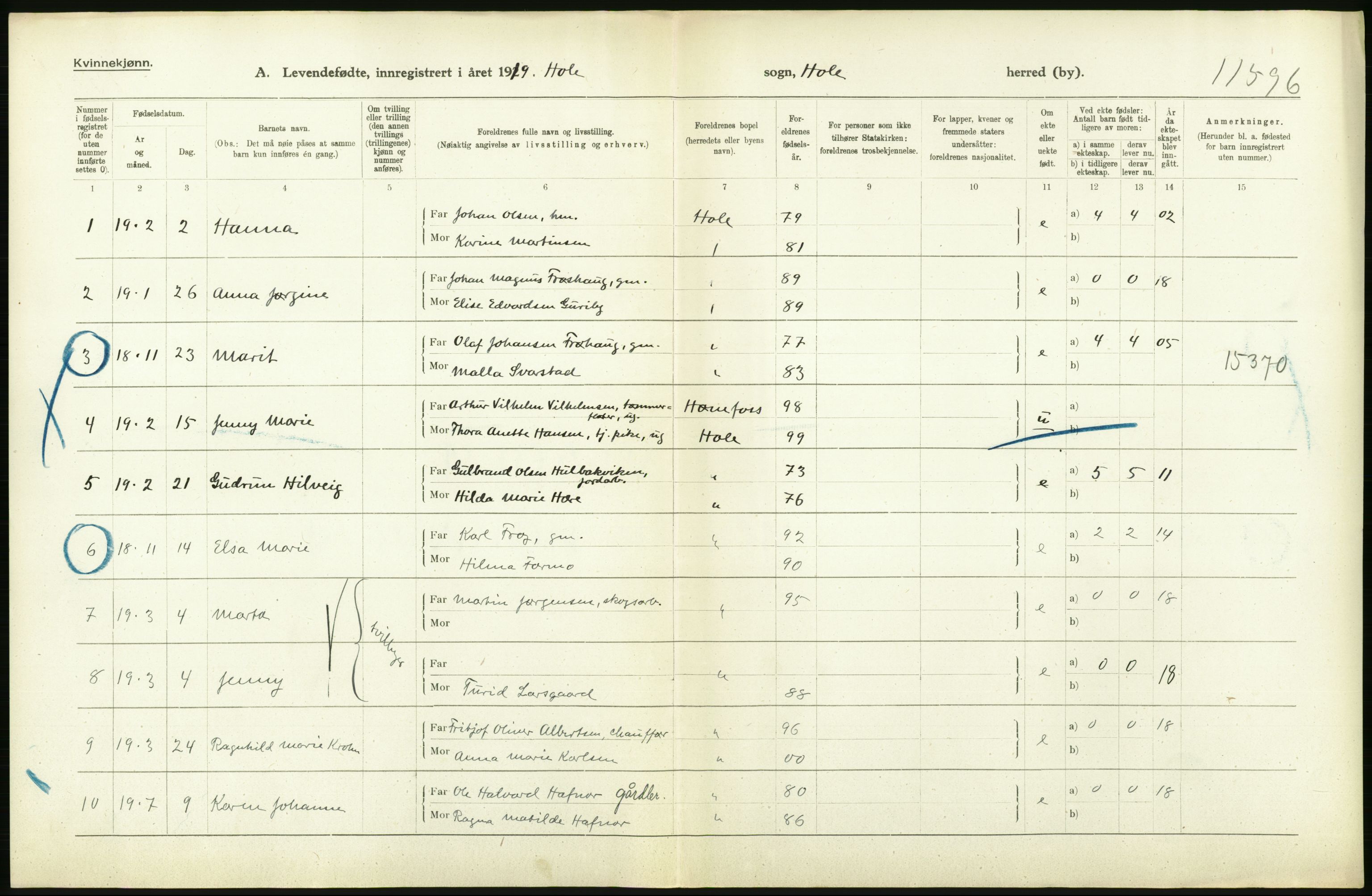 Statistisk sentralbyrå, Sosiodemografiske emner, Befolkning, RA/S-2228/D/Df/Dfb/Dfbi/L0016: Buskerud fylke: Levendefødte menn og kvinner. Bygder., 1919, p. 144