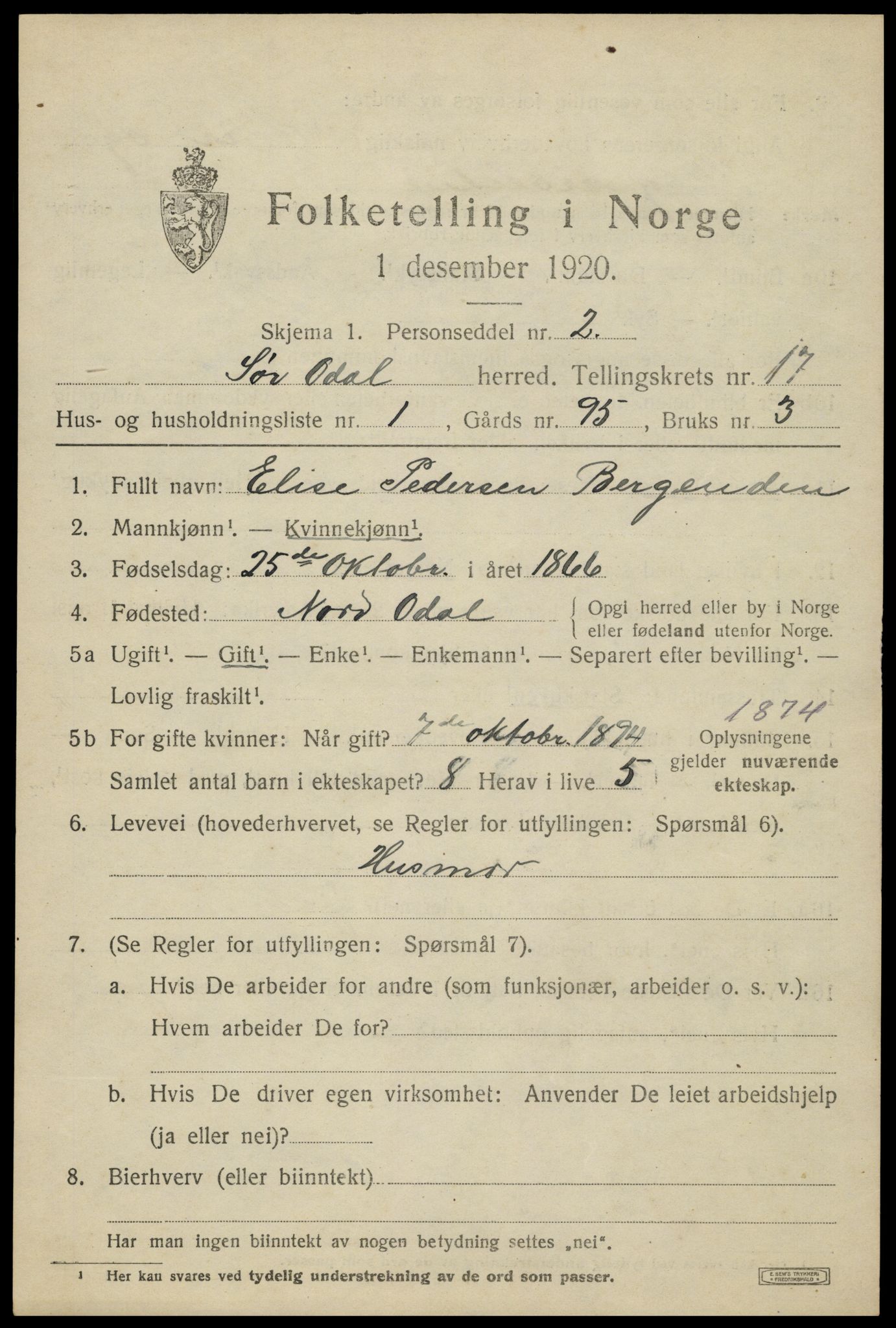 SAH, 1920 census for Sør-Odal, 1920, p. 17005