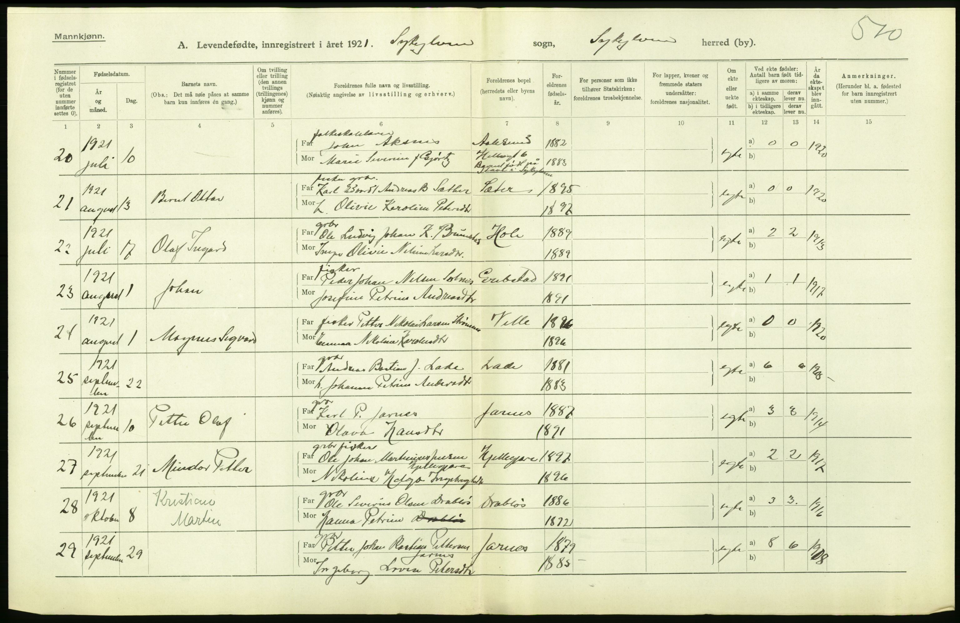 Statistisk sentralbyrå, Sosiodemografiske emner, Befolkning, AV/RA-S-2228/D/Df/Dfc/Dfca/L0040: Møre fylke: Levendefødte menn og kvinner. Bygder., 1921, p. 102