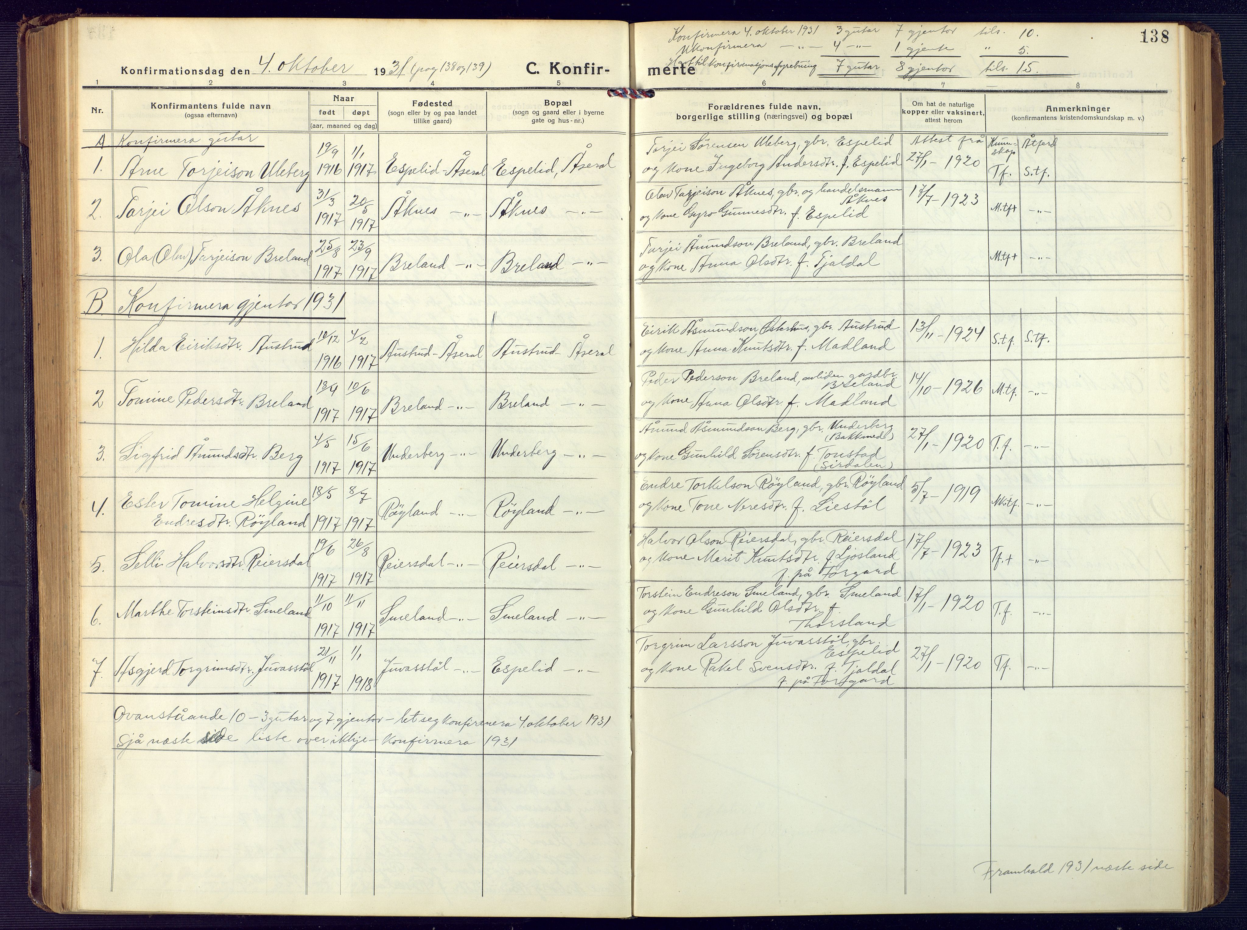 Åseral sokneprestkontor, SAK/1111-0051/F/Fb/L0004: Parish register (copy) no. B 4, 1920-1946, p. 138