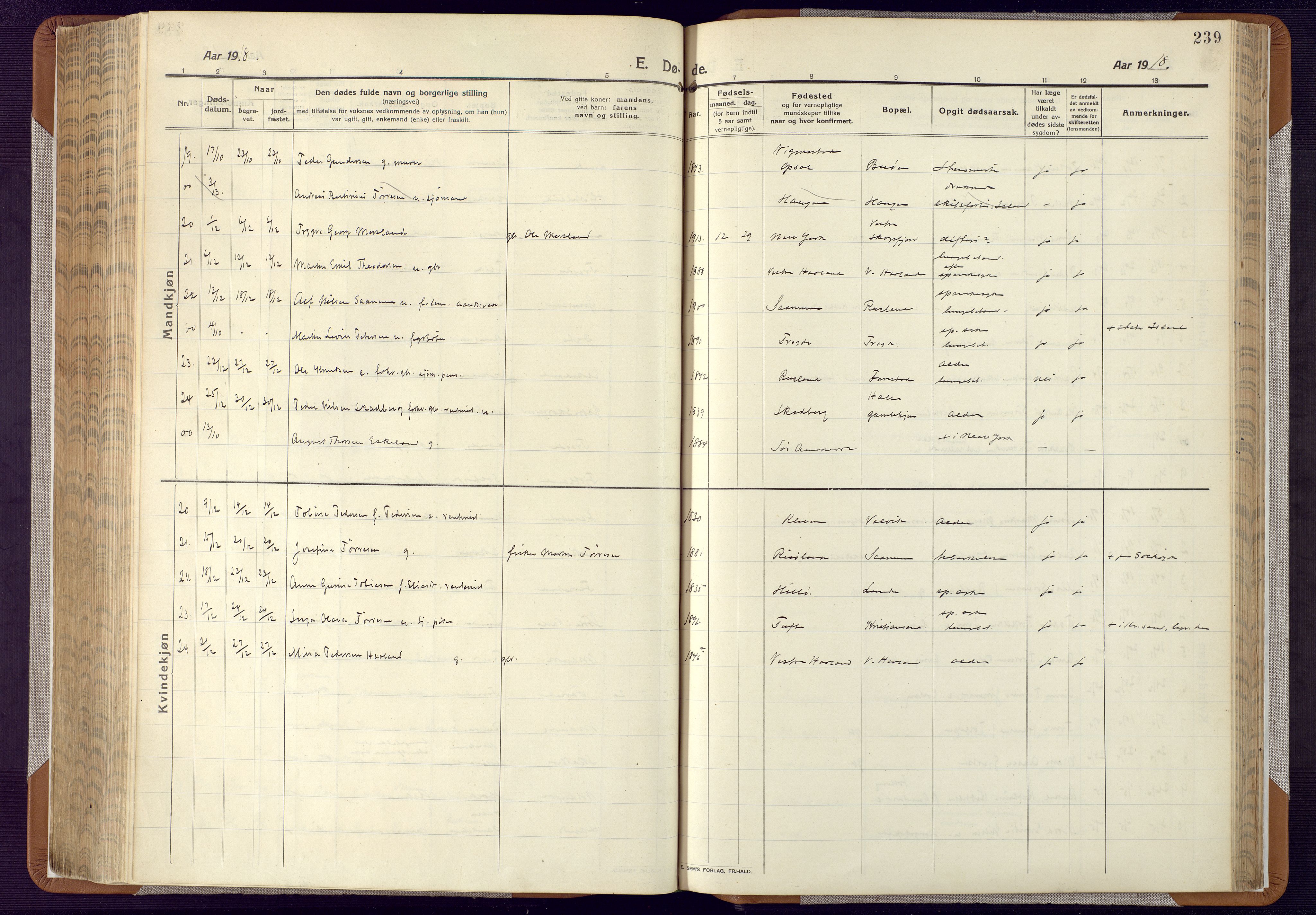 Mandal sokneprestkontor, AV/SAK-1111-0030/F/Fa/Faa/L0022: Parish register (official) no. A 22, 1913-1925, p. 239