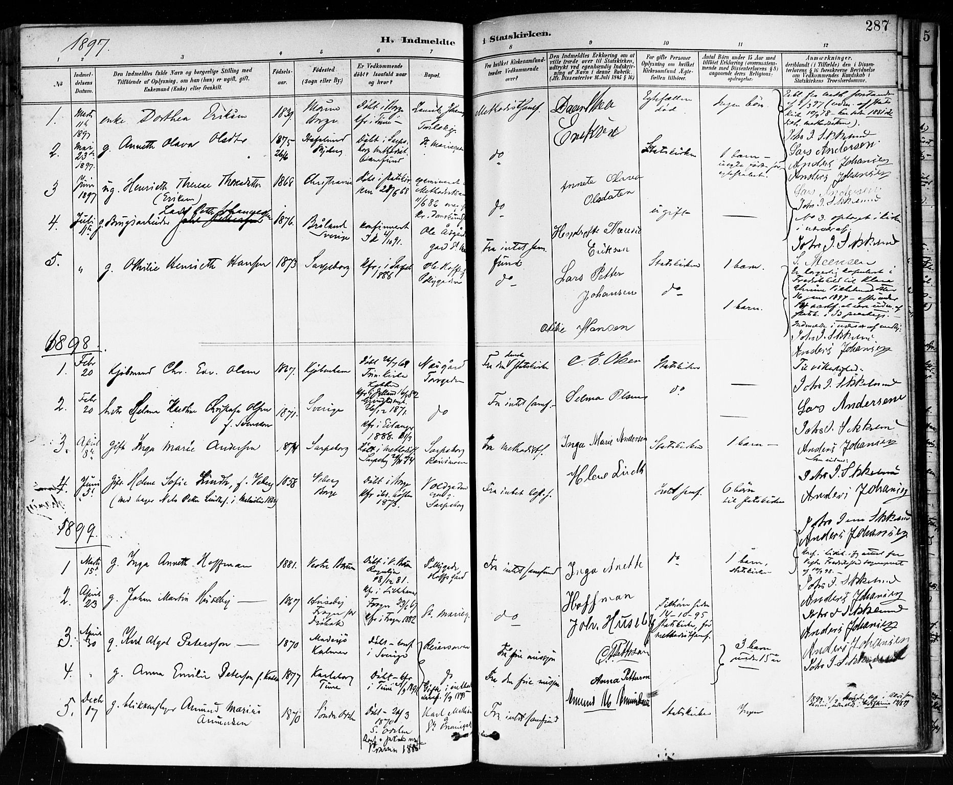 Sarpsborg prestekontor Kirkebøker, AV/SAO-A-2006/F/Fa/L0004: Parish register (official) no. 4, 1892-1899, p. 287