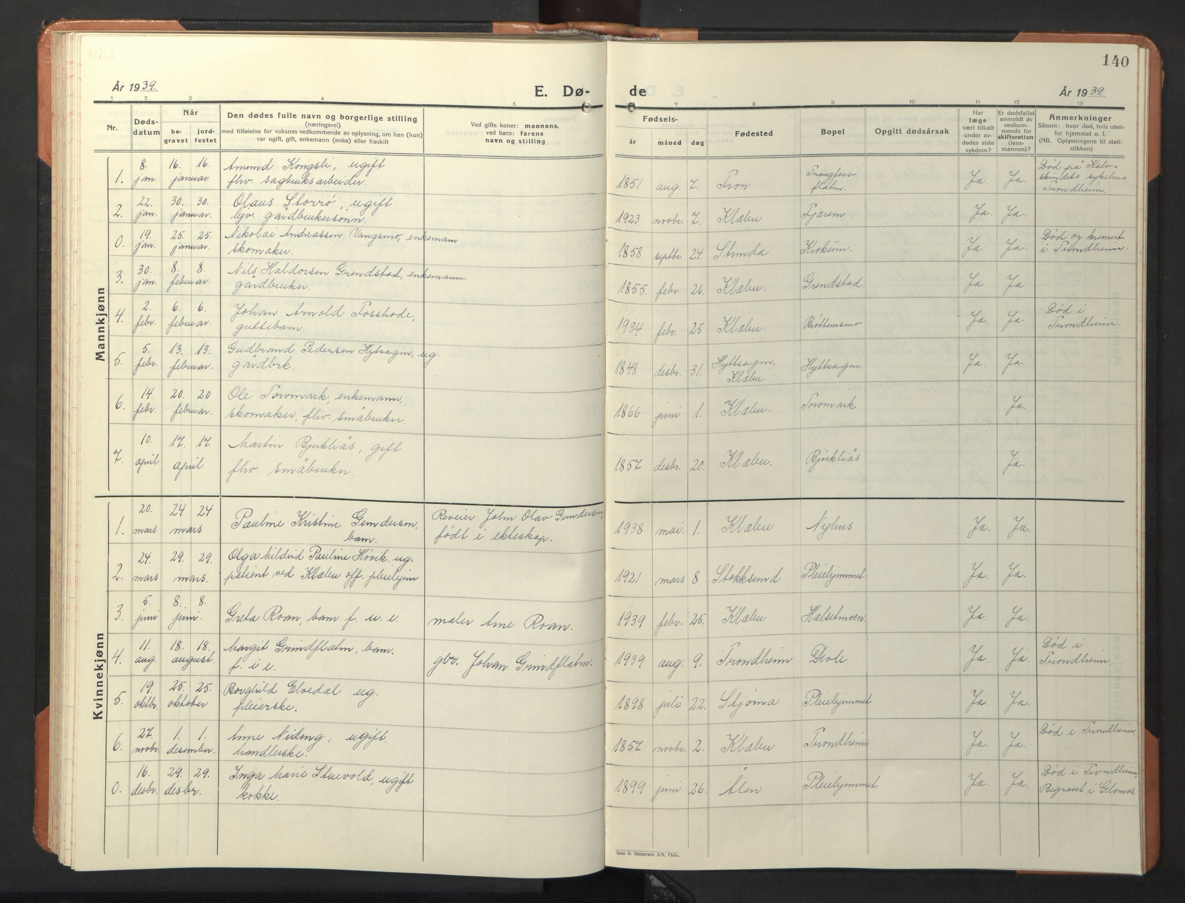 Ministerialprotokoller, klokkerbøker og fødselsregistre - Sør-Trøndelag, SAT/A-1456/618/L0454: Parish register (copy) no. 618C05, 1926-1946, p. 140