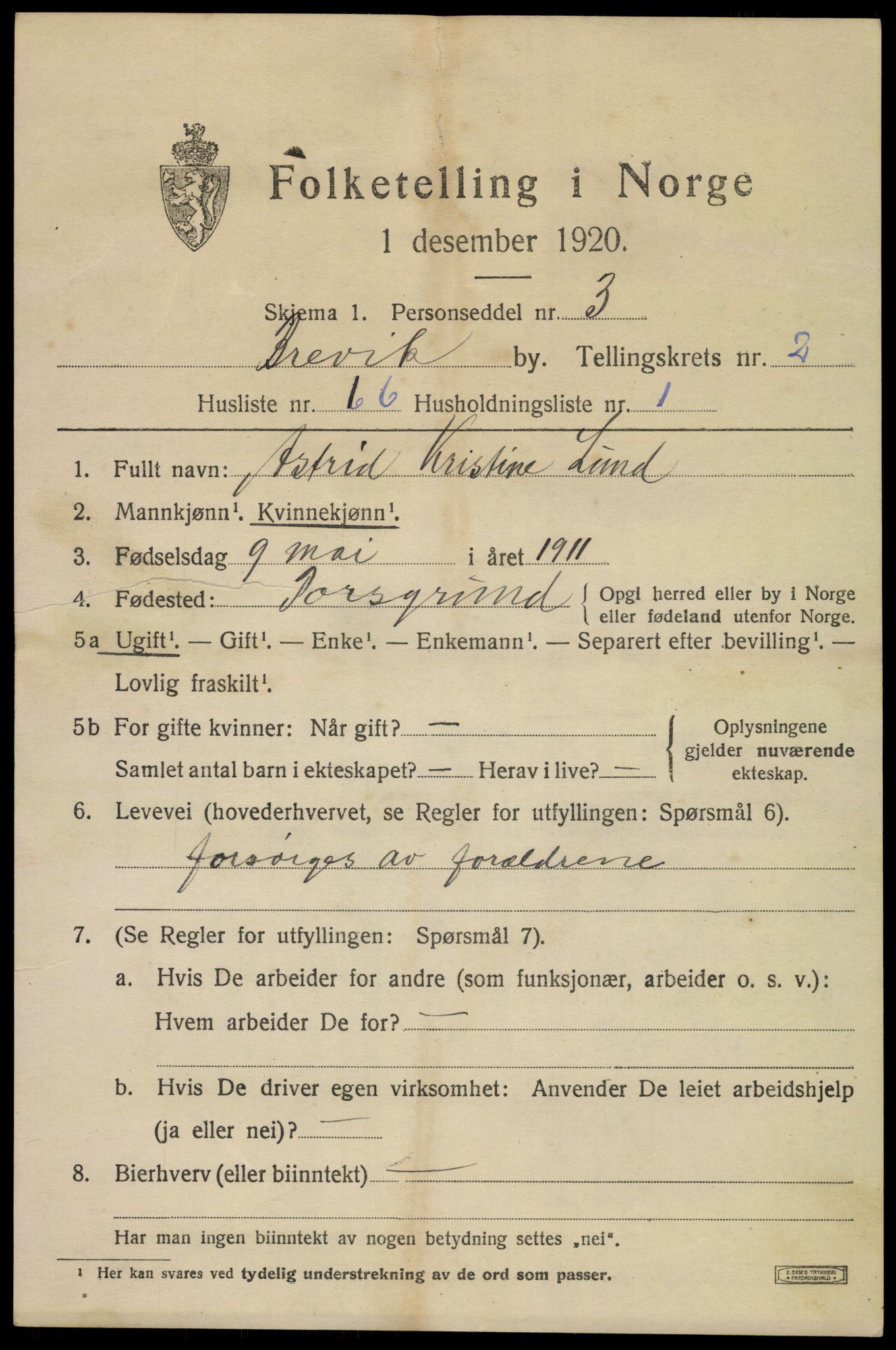 SAKO, 1920 census for Brevik, 1920, p. 4654