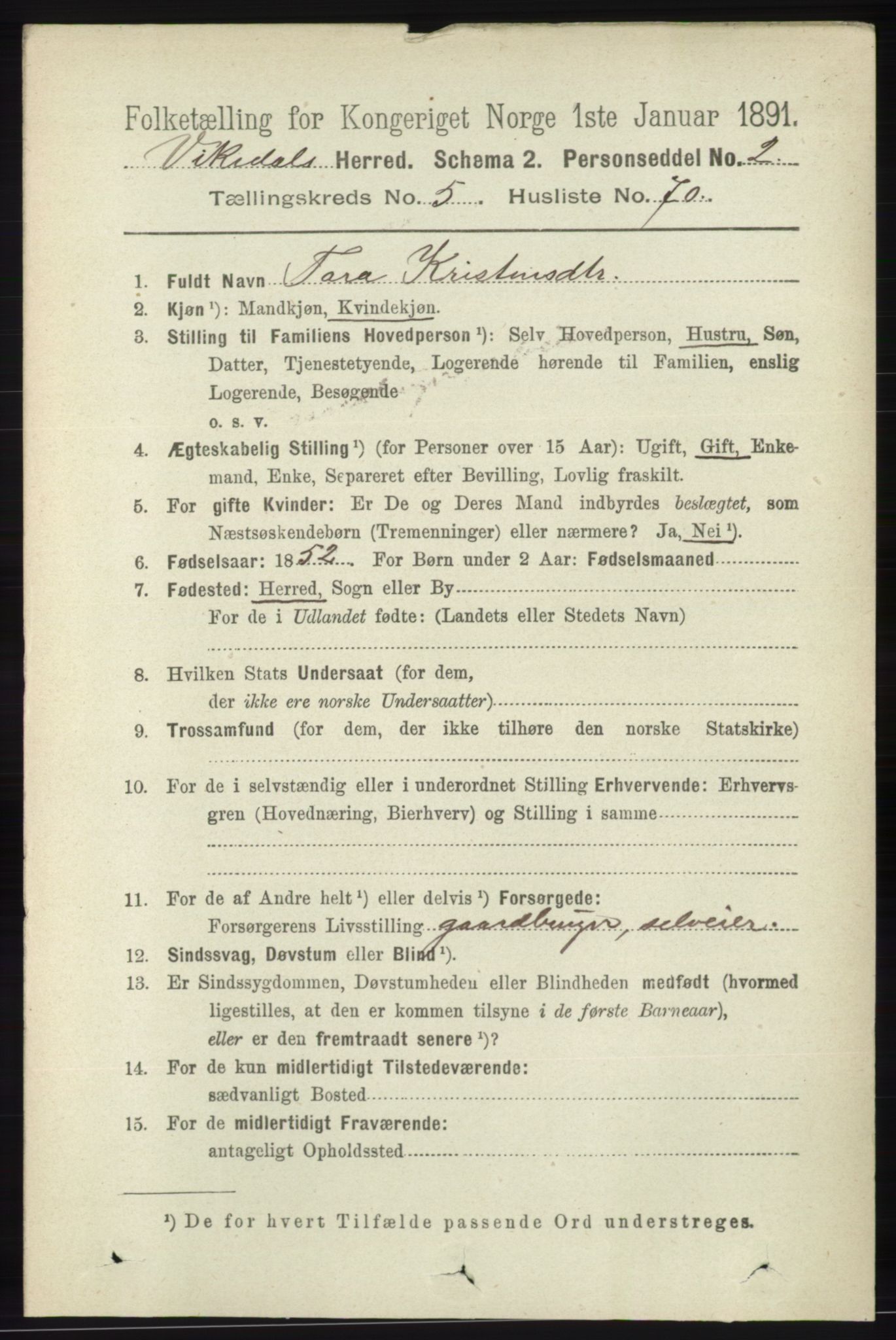 RA, 1891 census for 1157 Vikedal, 1891, p. 1482