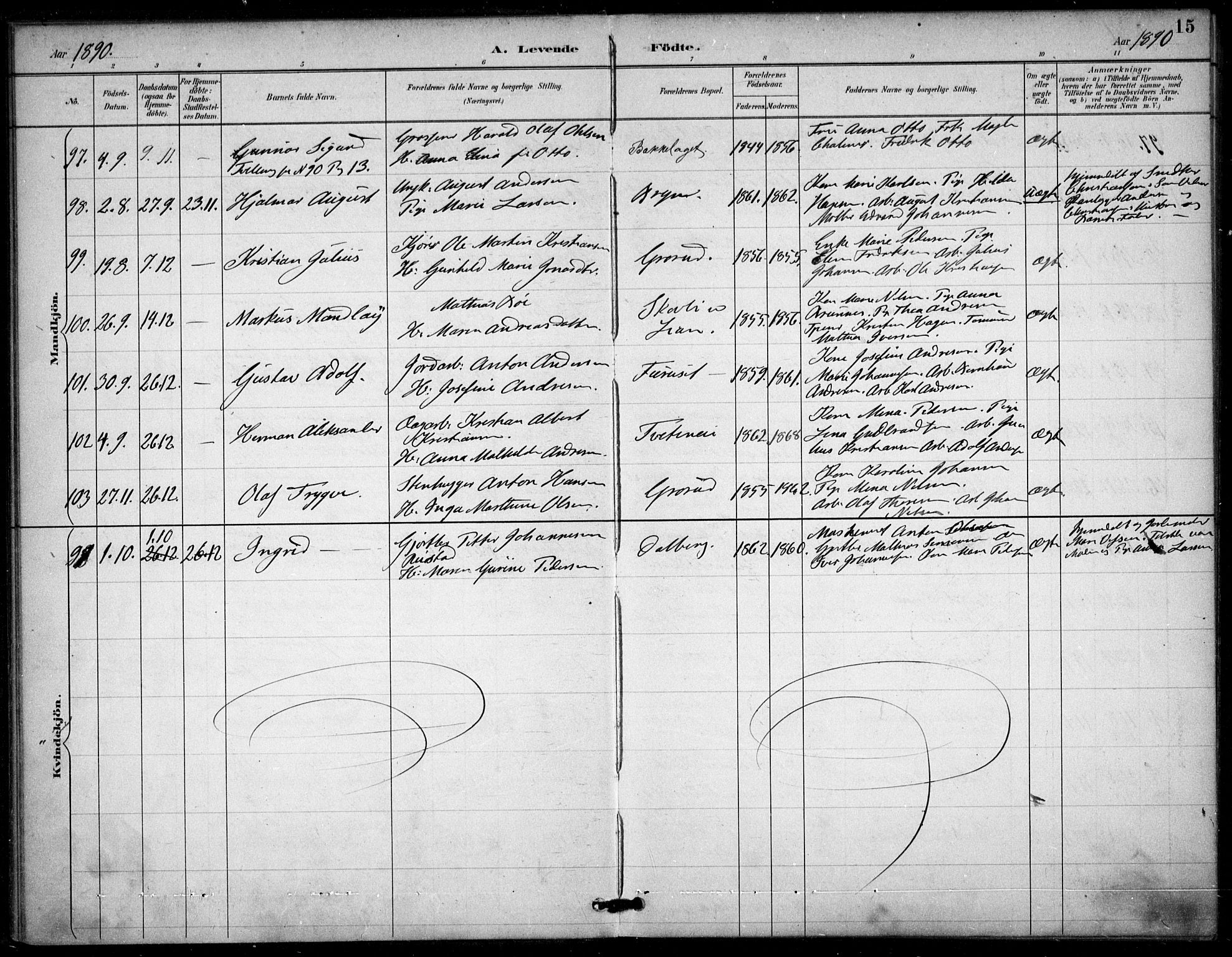 Østre Aker prestekontor Kirkebøker, SAO/A-10840/F/Fa/L0009: Parish register (official) no. I 9, 1890-1894, p. 15