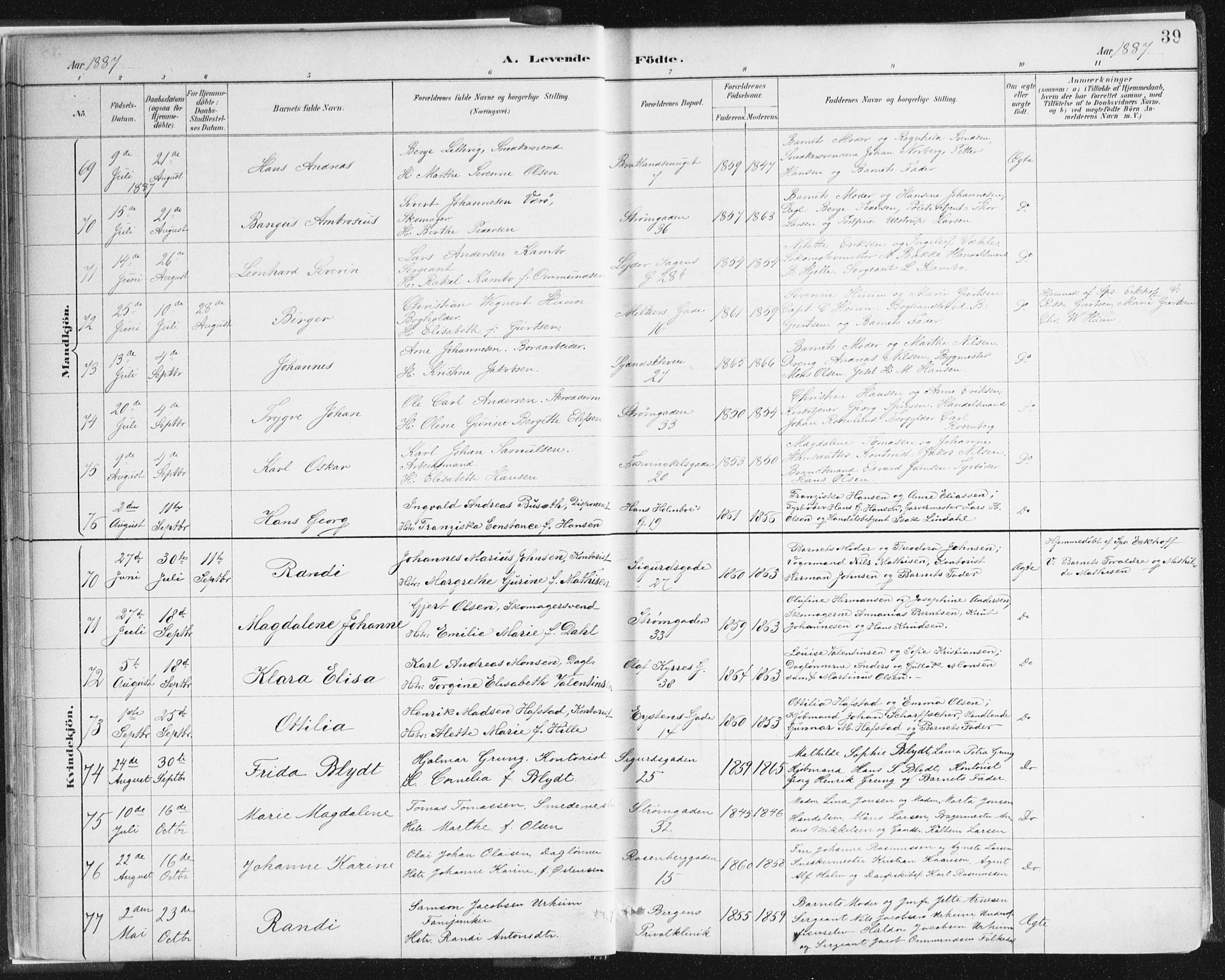Johanneskirken sokneprestembete, SAB/A-76001/H/Haa/L0001: Parish register (official) no. A 1, 1885-1900, p. 39