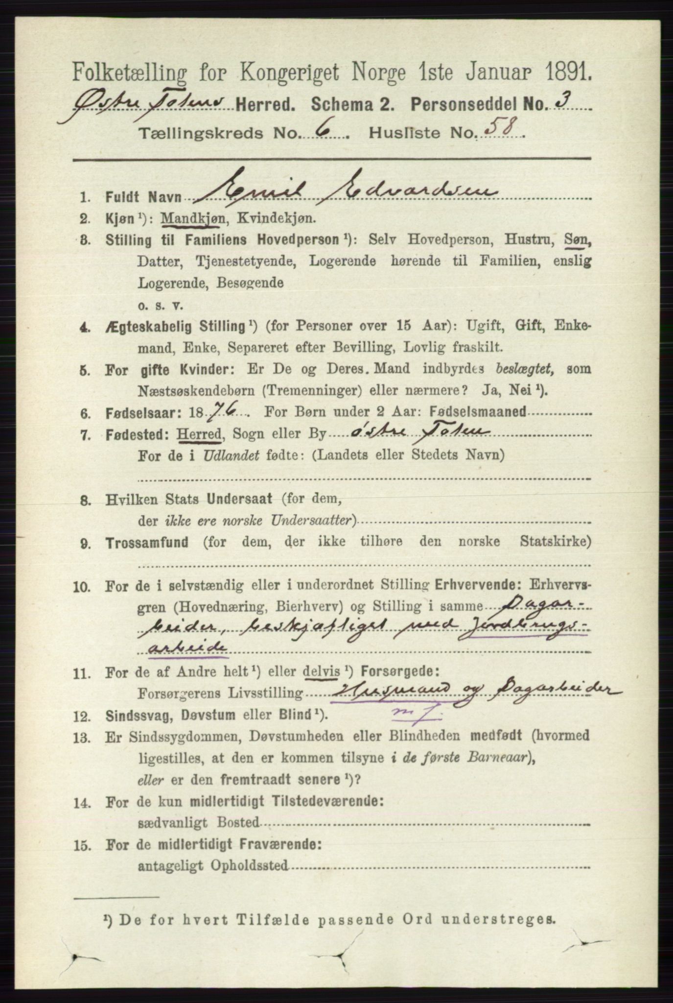 RA, 1891 census for 0528 Østre Toten, 1891, p. 4133