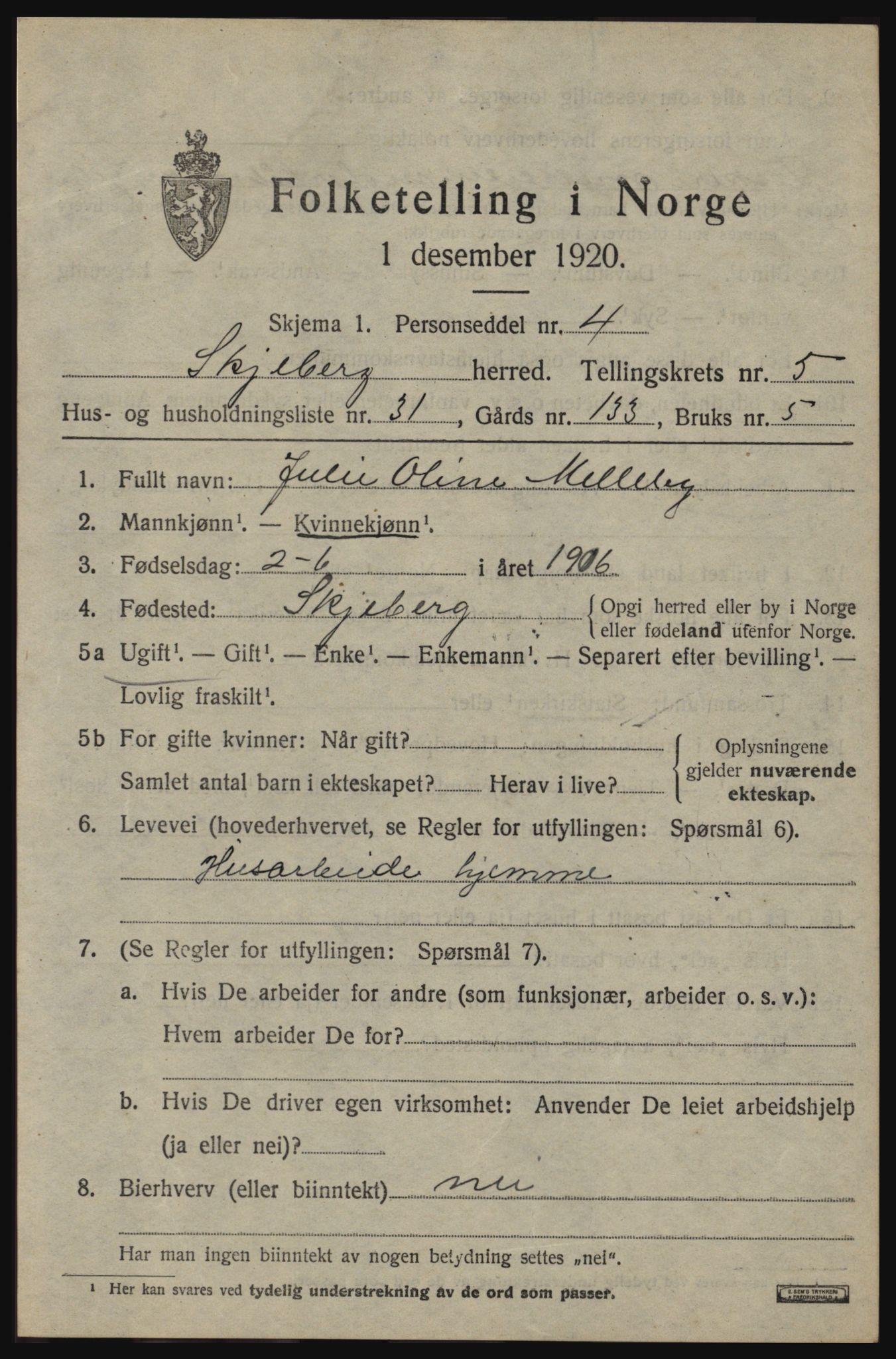 SAO, 1920 census for Skjeberg, 1920, p. 5975