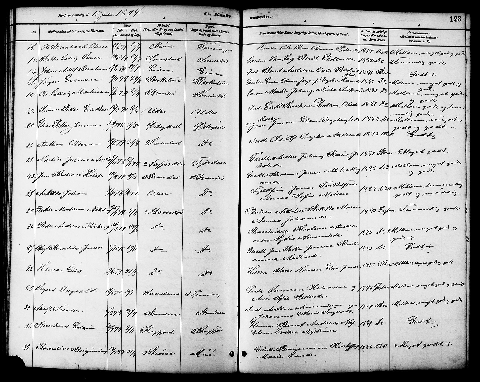 Ministerialprotokoller, klokkerbøker og fødselsregistre - Sør-Trøndelag, SAT/A-1456/657/L0716: Parish register (copy) no. 657C03, 1889-1904, p. 123