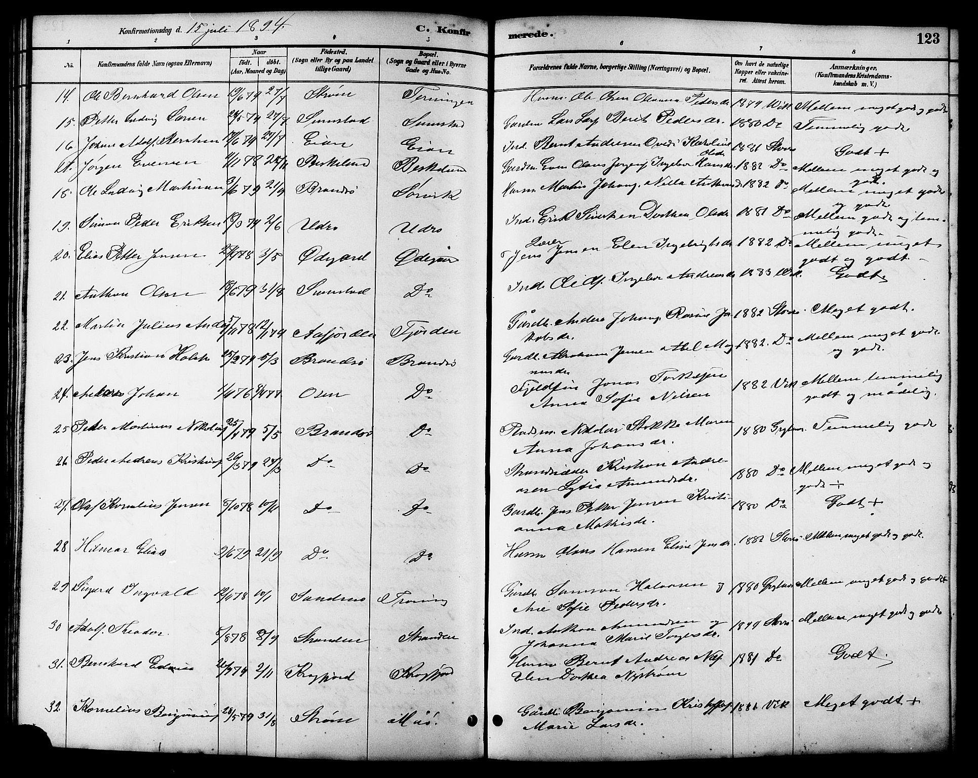 Ministerialprotokoller, klokkerbøker og fødselsregistre - Sør-Trøndelag, AV/SAT-A-1456/657/L0716: Parish register (copy) no. 657C03, 1889-1904, p. 123