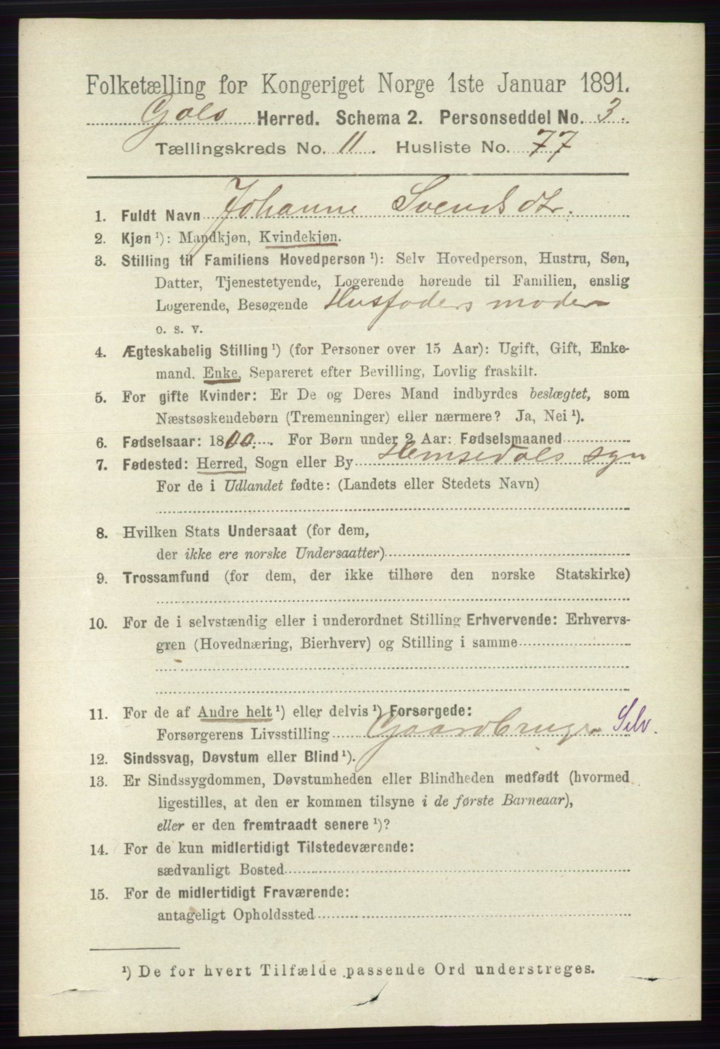 RA, 1891 census for 0617 Gol og Hemsedal, 1891, p. 4820