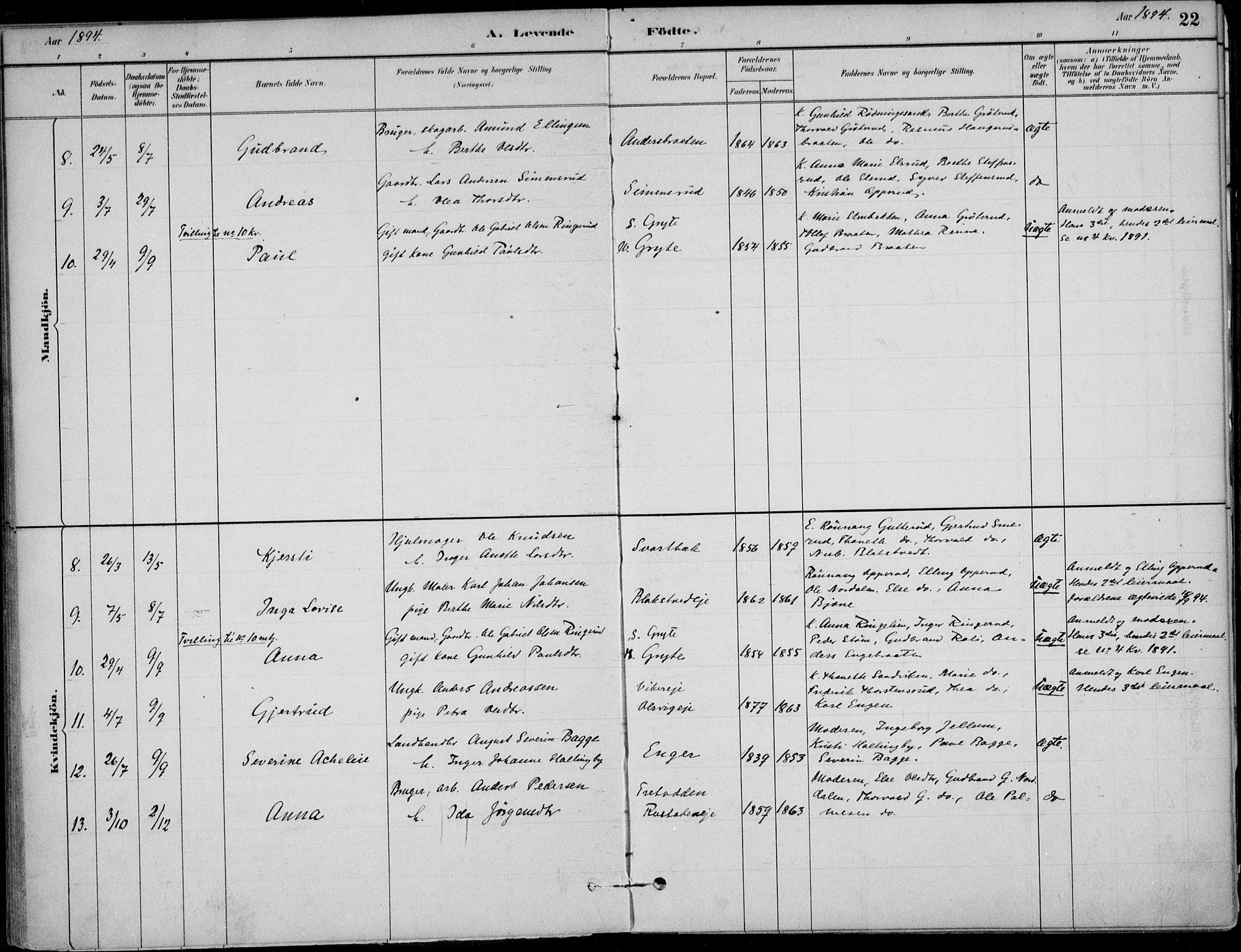 Ådal kirkebøker, AV/SAKO-A-248/F/Fa/L0003: Parish register (official) no. I 3, 1884-1903, p. 22