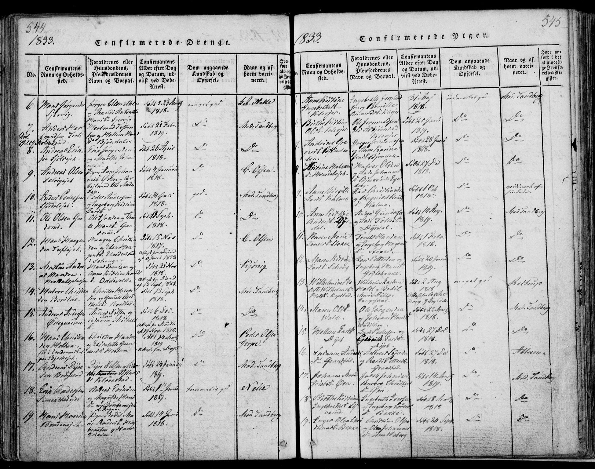 Sande Kirkebøker, AV/SAKO-A-53/F/Fa/L0003: Parish register (official) no. 3, 1814-1847, p. 544-545