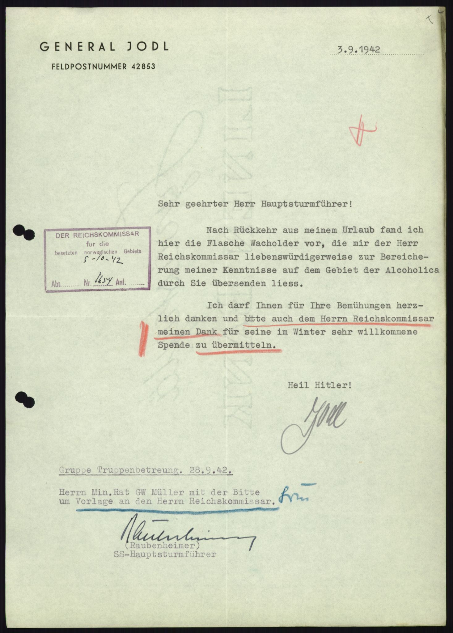 Forsvarets Overkommando. 2 kontor. Arkiv 11.4. Spredte tyske arkivsaker, RA/RAFA-7031/D/Dar/Darb/L0010: Reichskommissariat., 1940-1943, p. 653