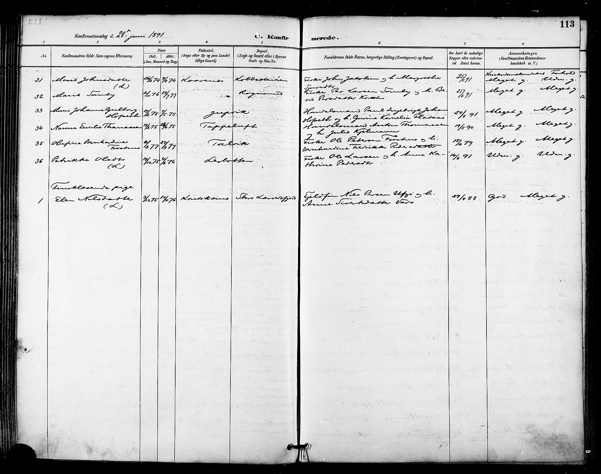 Talvik sokneprestkontor, SATØ/S-1337/H/Ha/L0013kirke: Parish register (official) no. 13, 1886-1897, p. 113