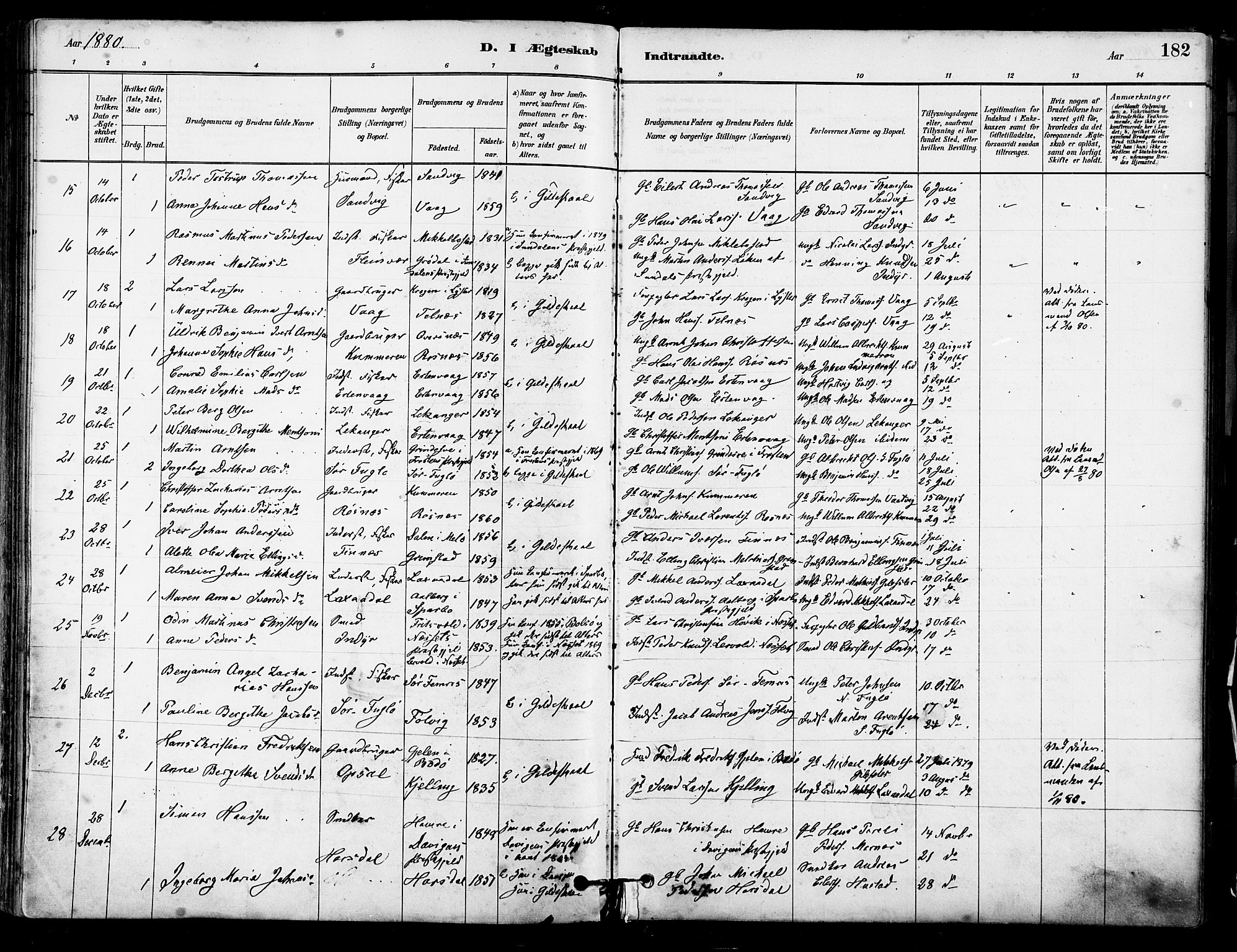 Ministerialprotokoller, klokkerbøker og fødselsregistre - Nordland, AV/SAT-A-1459/805/L0099: Parish register (official) no. 805A06, 1880-1891, p. 182