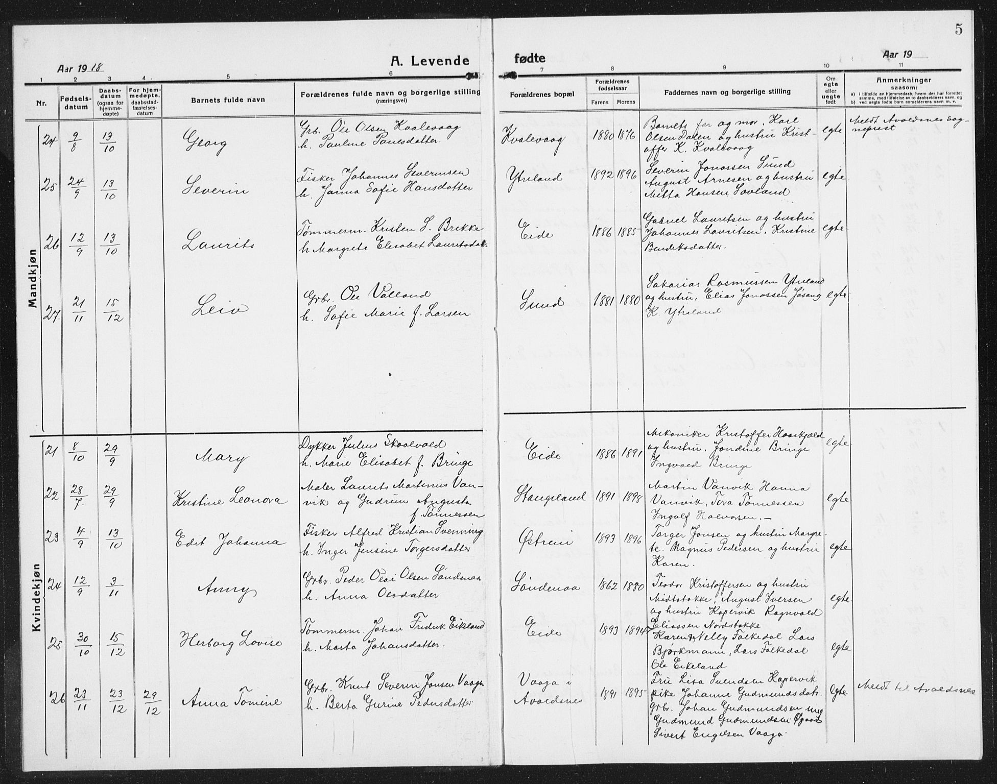 Kopervik sokneprestkontor, AV/SAST-A-101850/H/Ha/Hab/L0007: Parish register (copy) no. B 7, 1918-1942, p. 5