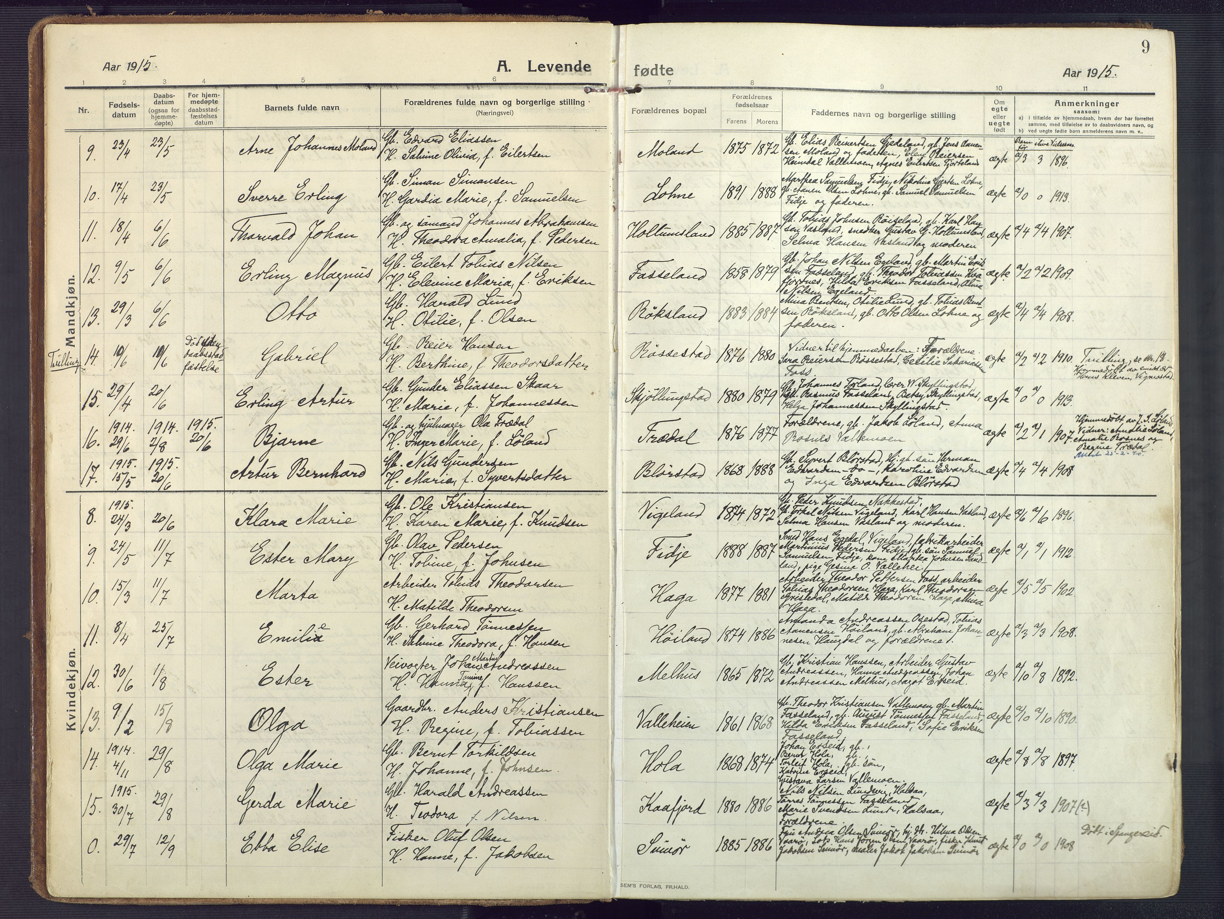 Sør-Audnedal sokneprestkontor, SAK/1111-0039/F/Fa/Fab/L0011: Parish register (official) no. A 11, 1912-1938, p. 9