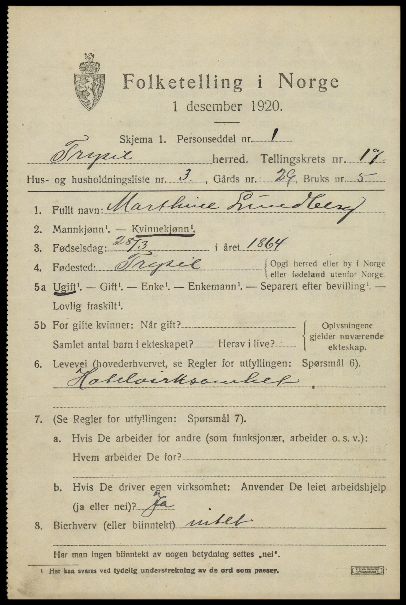 SAH, 1920 census for Trysil, 1920, p. 10201