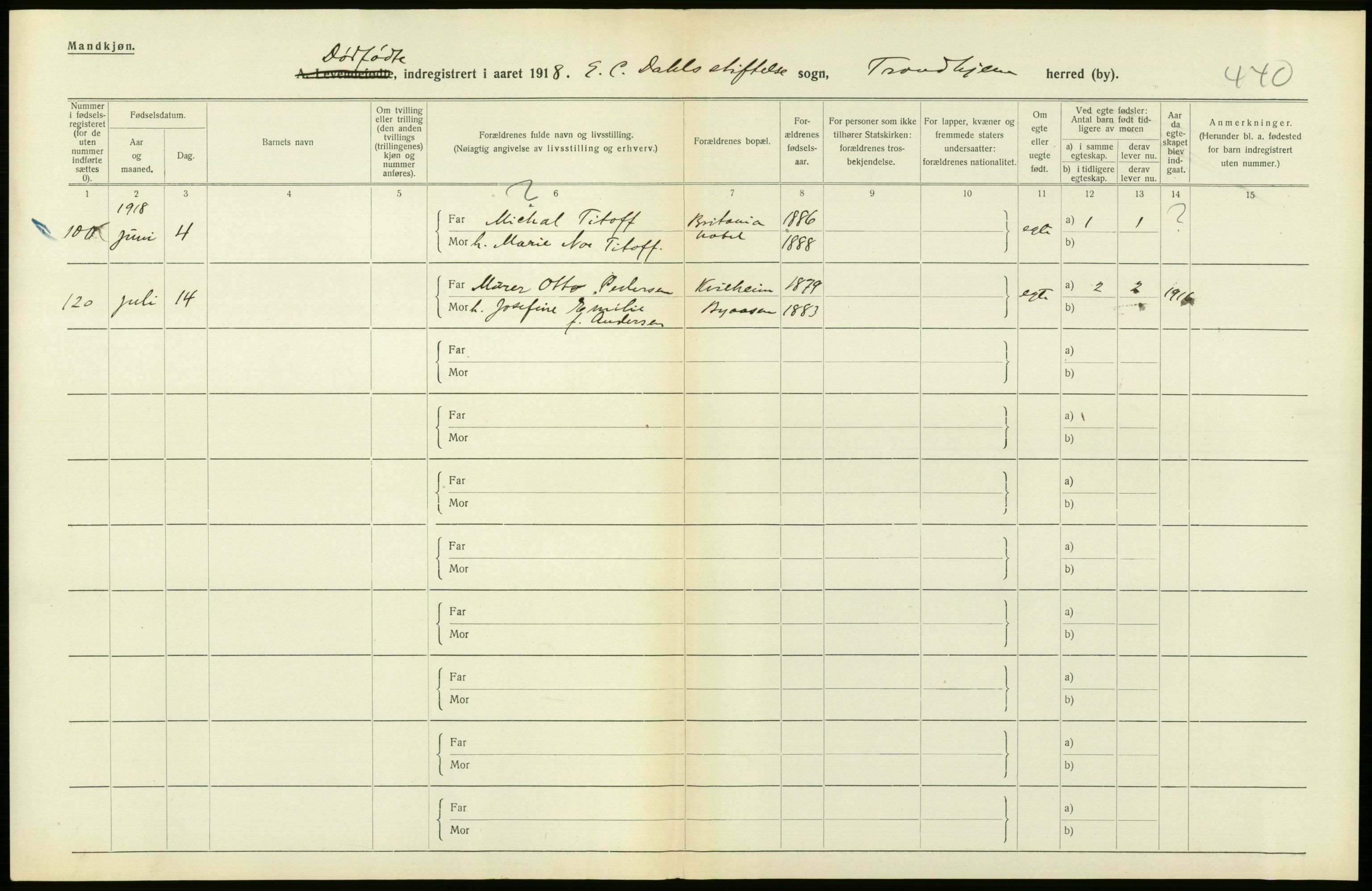 Statistisk sentralbyrå, Sosiodemografiske emner, Befolkning, AV/RA-S-2228/D/Df/Dfb/Dfbh/L0049: Trondheim: Døde, dødfødte., 1918, p. 352