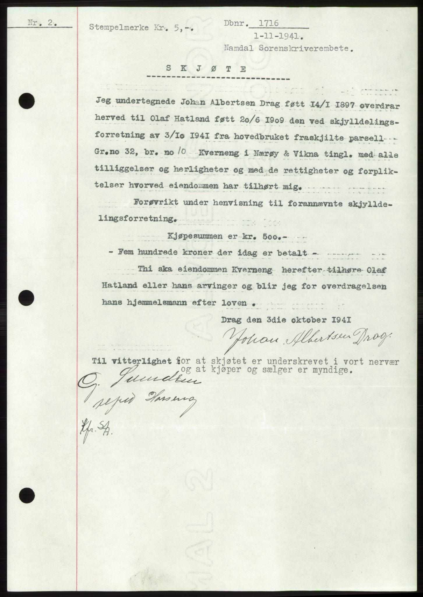 Namdal sorenskriveri, SAT/A-4133/1/2/2C: Mortgage book no. -, 1941-1942, Diary no: : 1716/1941