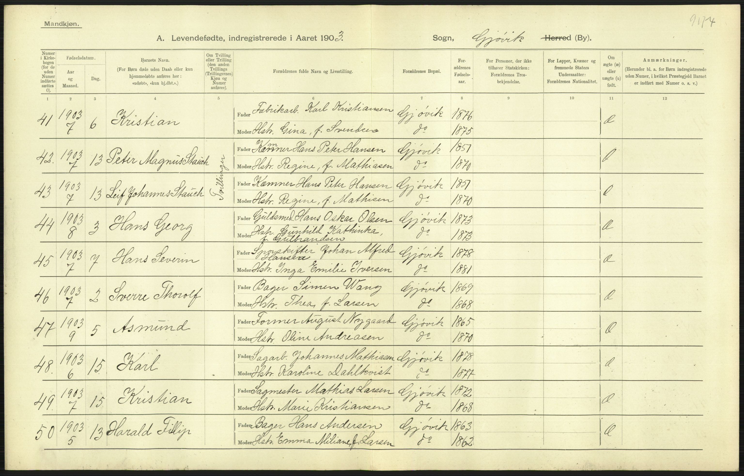 Statistisk sentralbyrå, Sosiodemografiske emner, Befolkning, AV/RA-S-2228/D/Df/Dfa/Dfaa/L0006: Kristians amt: Fødte, gifte, døde, 1903, p. 399