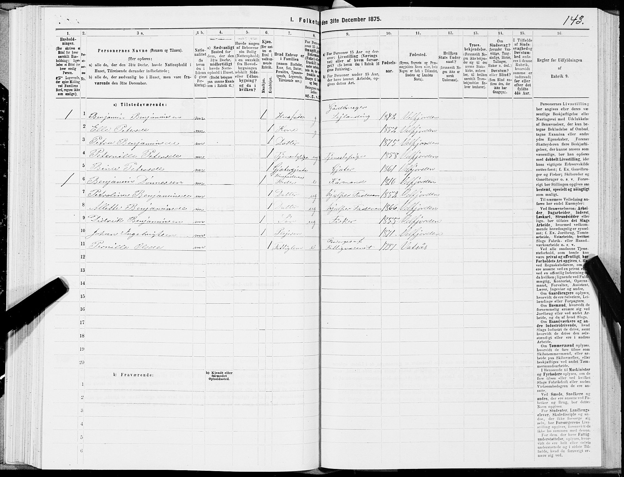 SAT, 1875 census for 1813P Velfjord, 1875, p. 1143