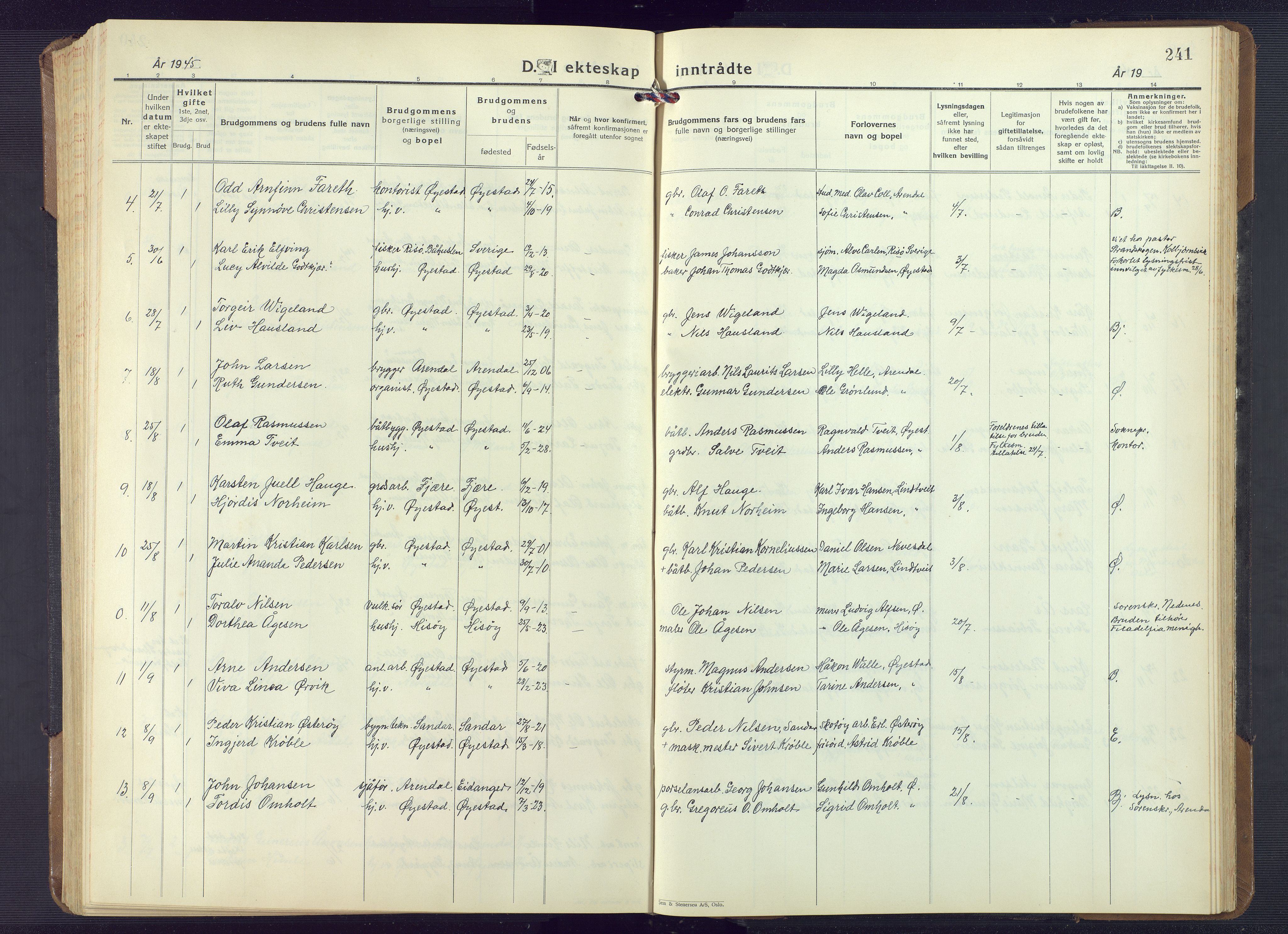 Øyestad sokneprestkontor, AV/SAK-1111-0049/F/Fb/L0013: Parish register (copy) no. B 13, 1933-1945, p. 241