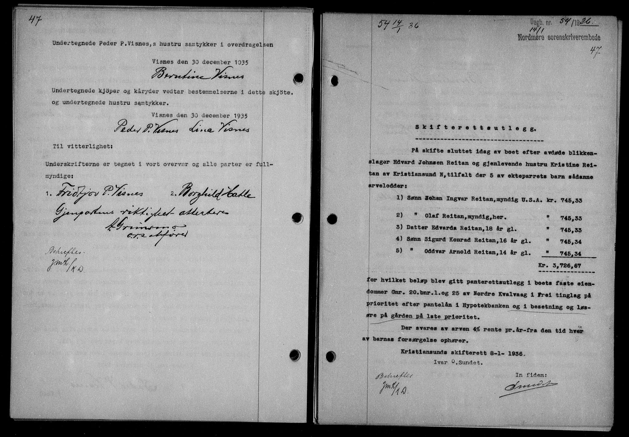 Nordmøre sorenskriveri, AV/SAT-A-4132/1/2/2Ca/L0087: Mortgage book no. 77, 1935-1936, Deed date: 14.01.1936