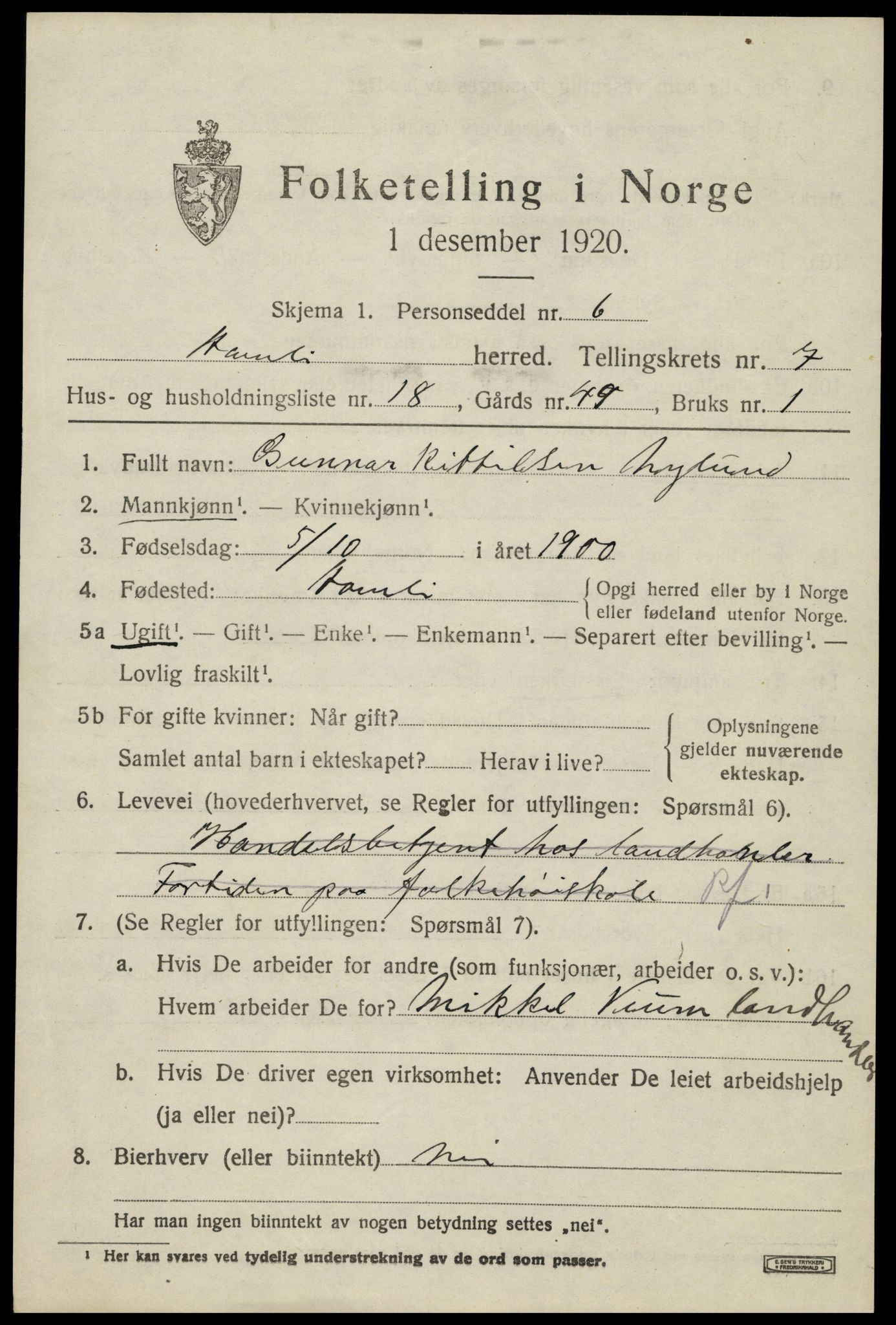 SAK, 1920 census for Åmli, 1920, p. 3161