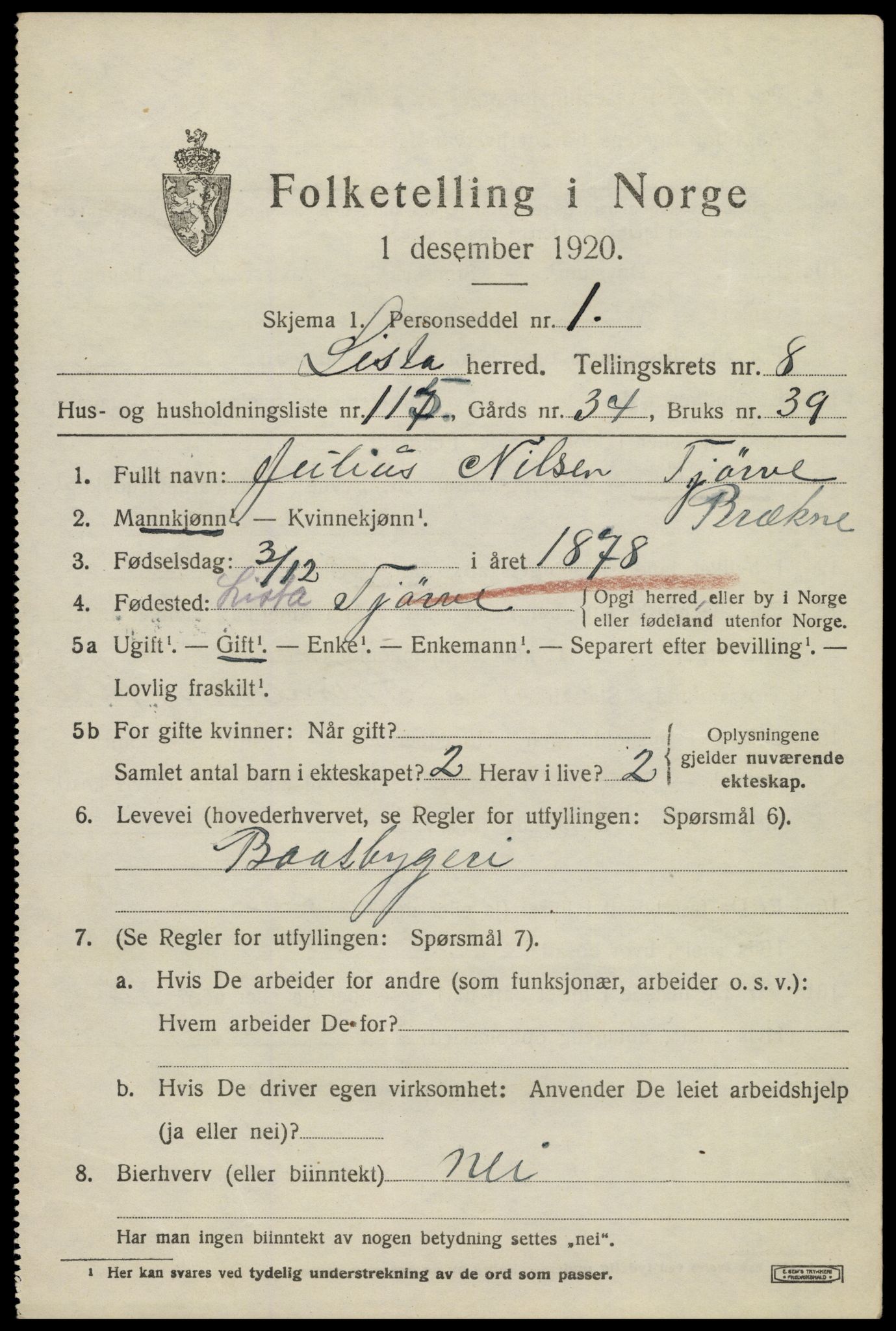 SAK, 1920 census for Lista, 1920, p. 8989