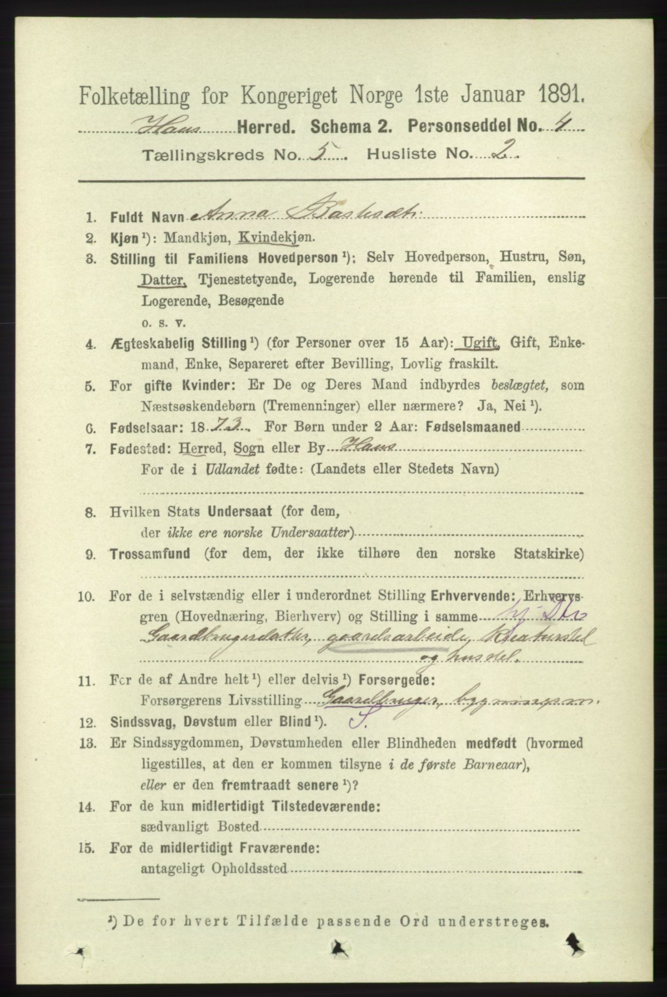 RA, 1891 census for 1250 Haus, 1891, p. 1834