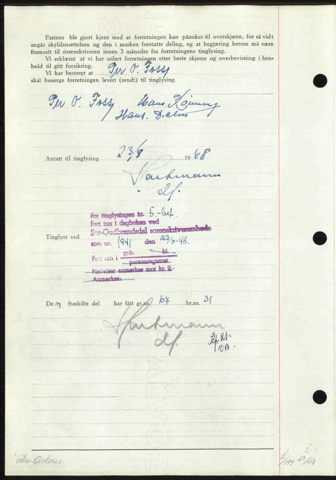 Sør-Gudbrandsdal tingrett, SAH/TING-004/H/Hb/Hbd/L0022: Mortgage book no. A22, 1948-1948, Diary no: : 1941/1948